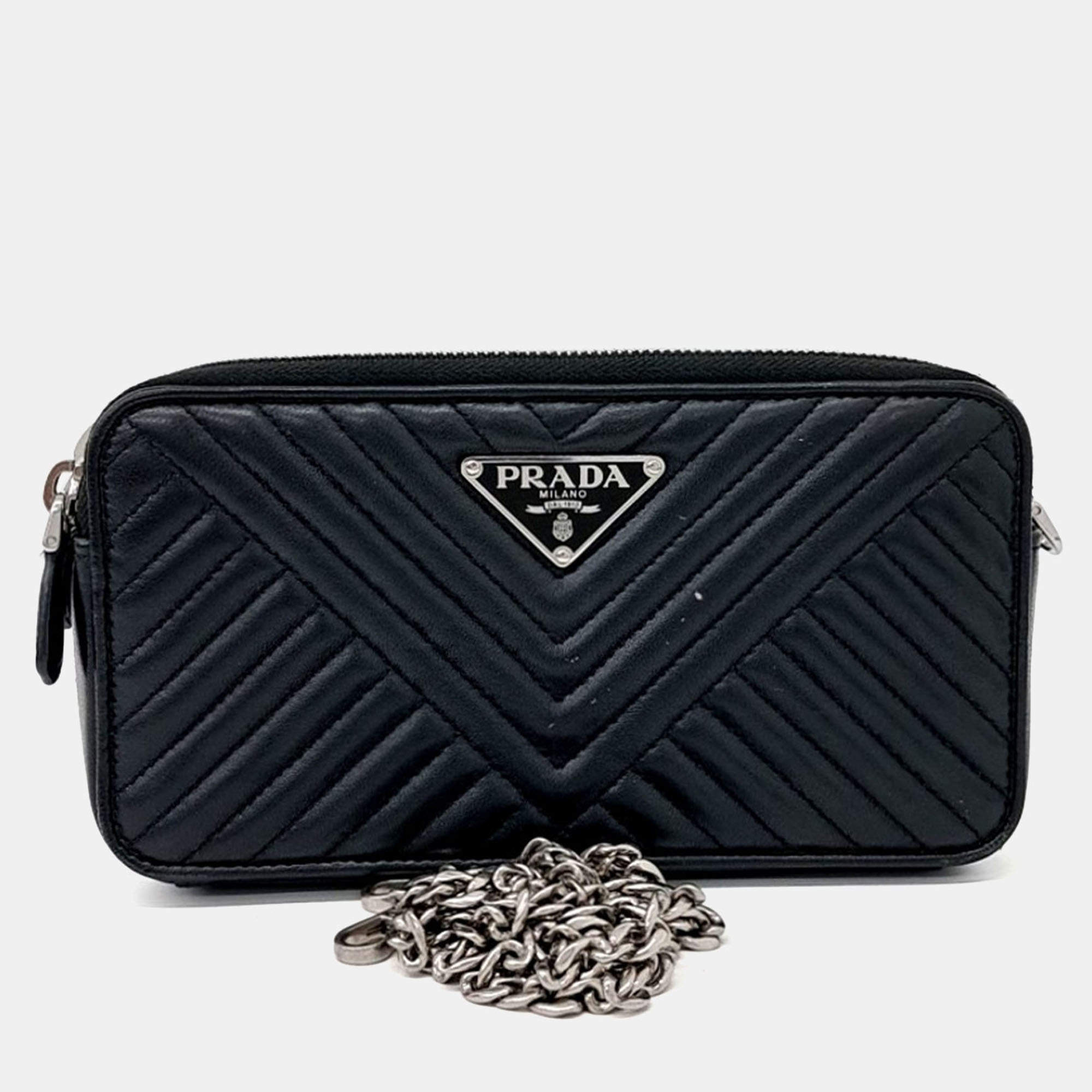 Pre Owned Prada Black Leather Napa Diagram Mini Chain Bag