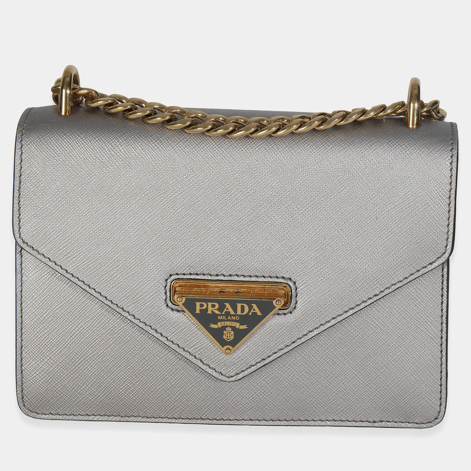 Pre Owned Prada Silver Saffiano Soft Calfskin Metal Triangle Logo Envelope Chain Bag