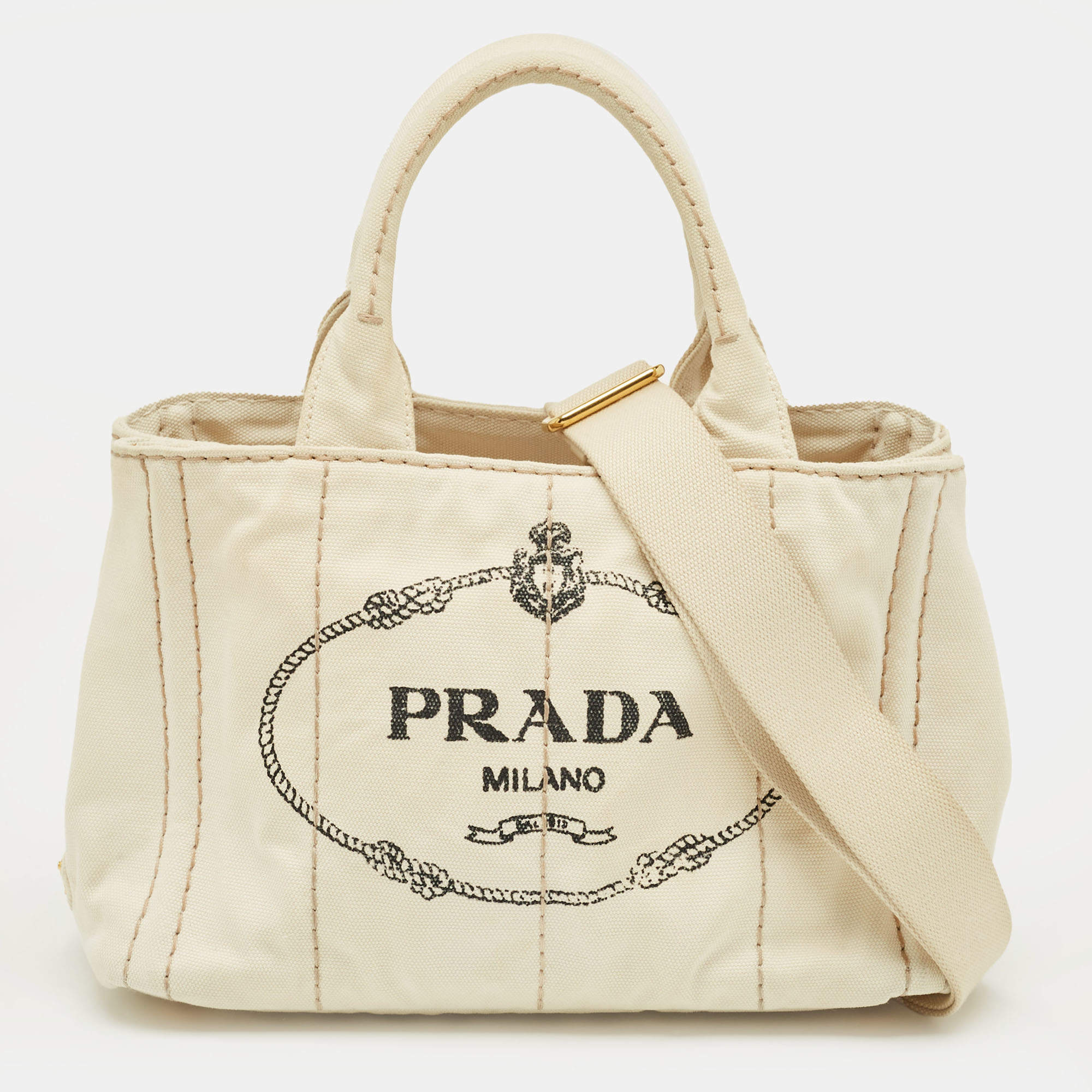 Pre Owned Prada Off White Canvas Logo Small Canapa Tote