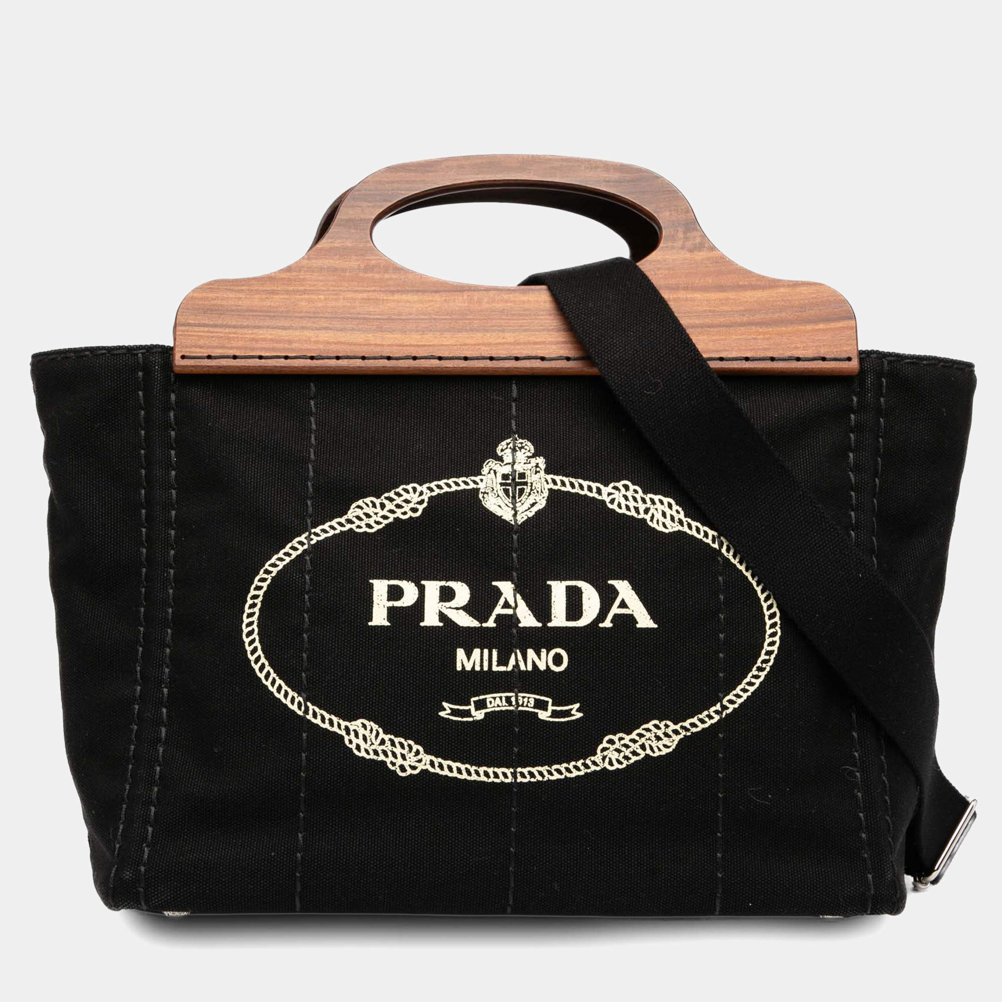Pre Owned Prada Black Canvas Wood Handle Canapa Logo Satchel
