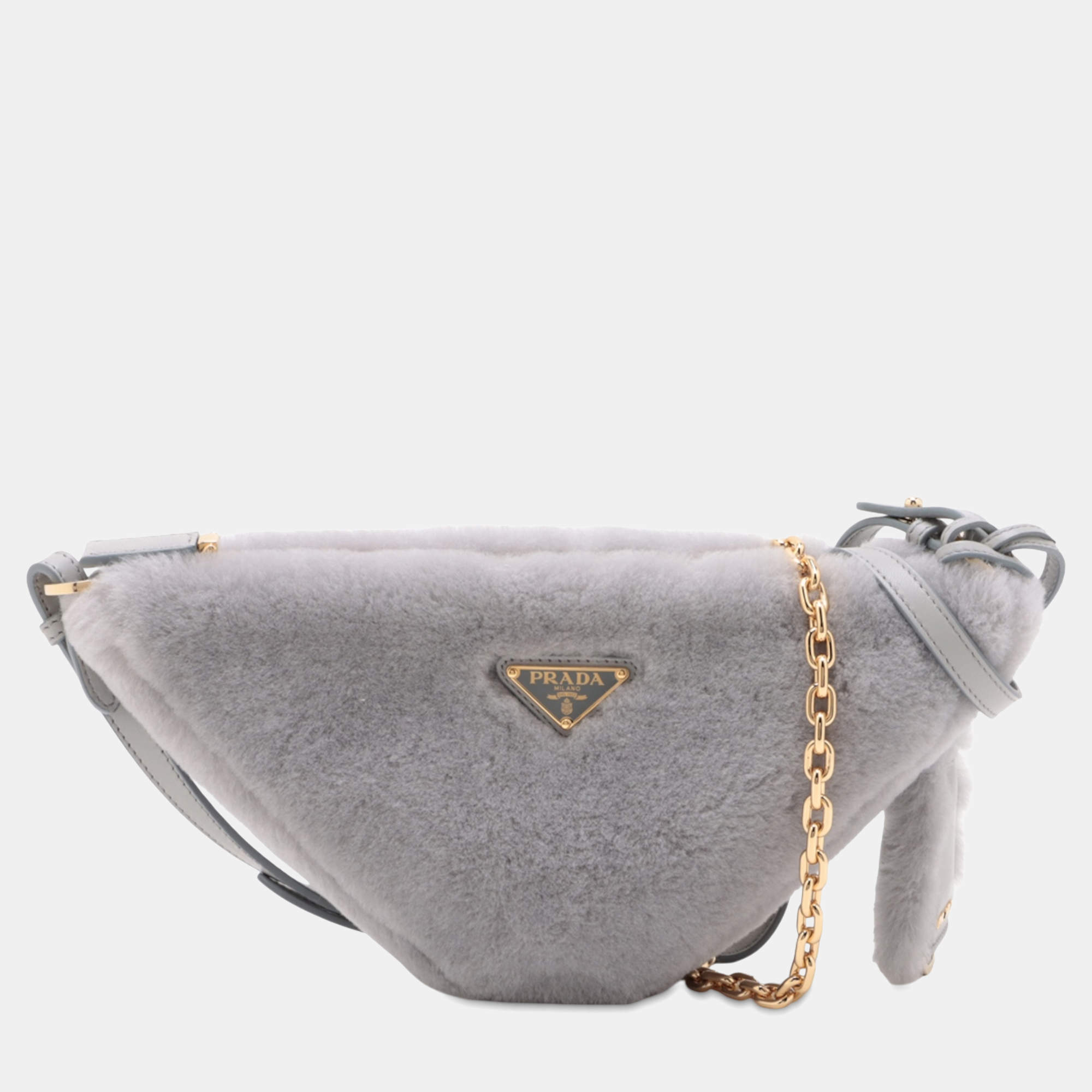 Pre Owned Prada Grey Mini Shearling Triangle Satchel