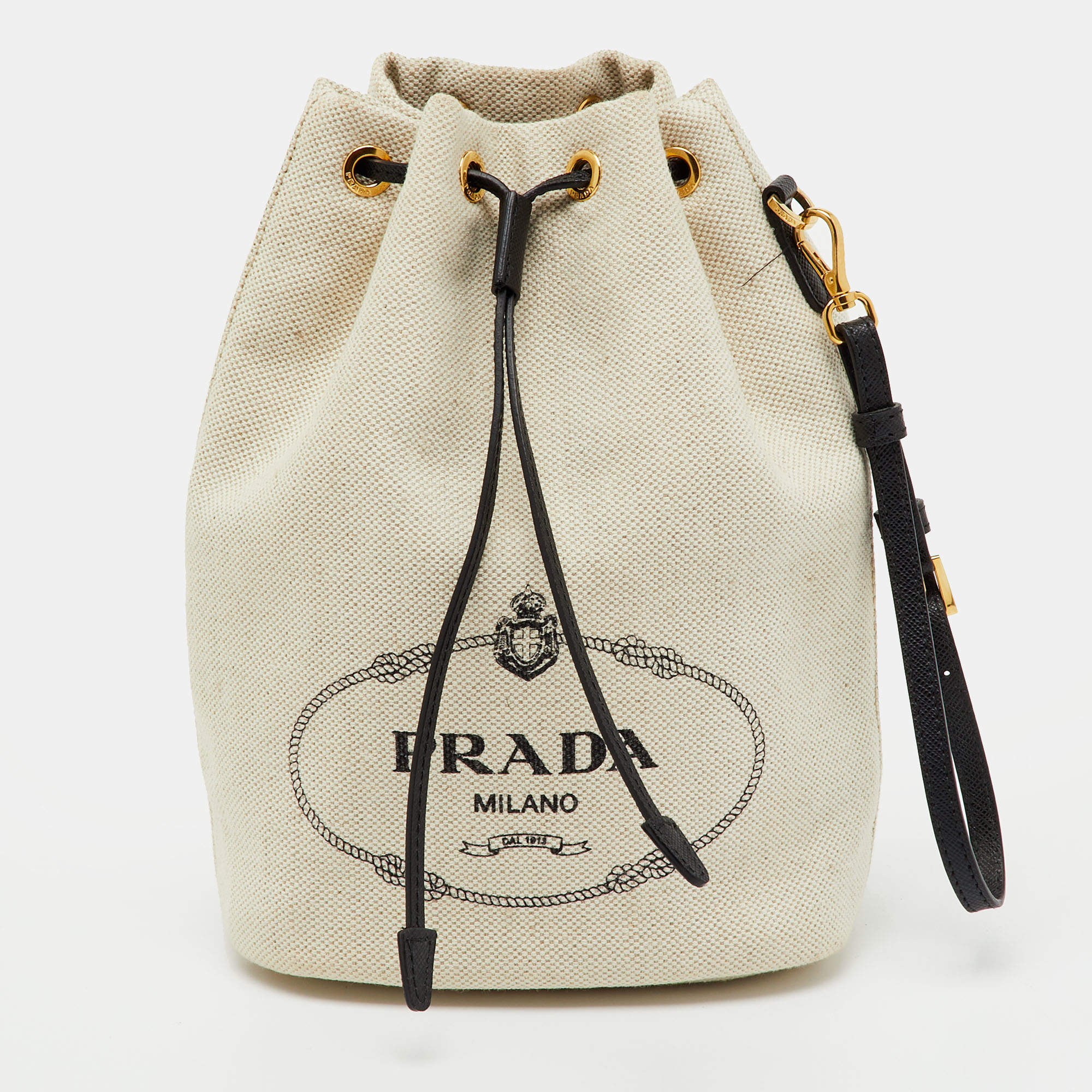 Pre Owned Prada Off White/Black Canvas and Leather Logo Drawstring Wristlet Pouch