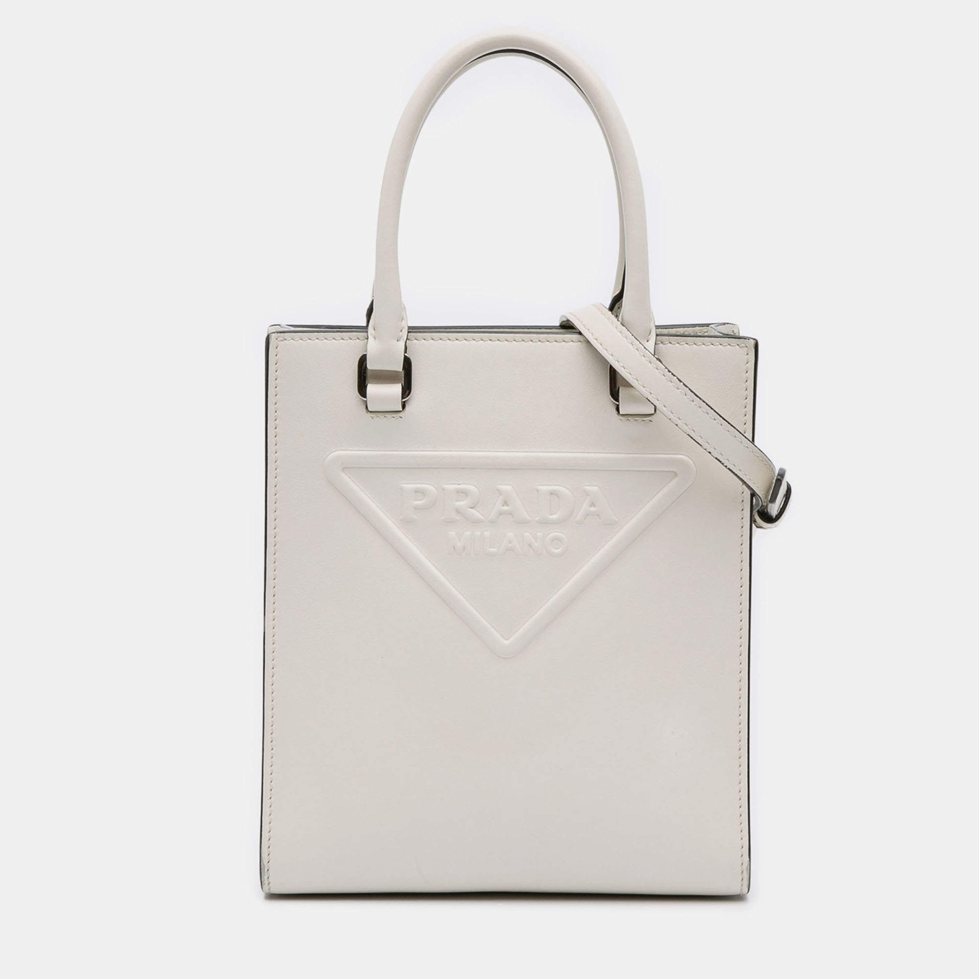 Pre Owned Prada White Mini Soft Calf Logo Drill Satchel