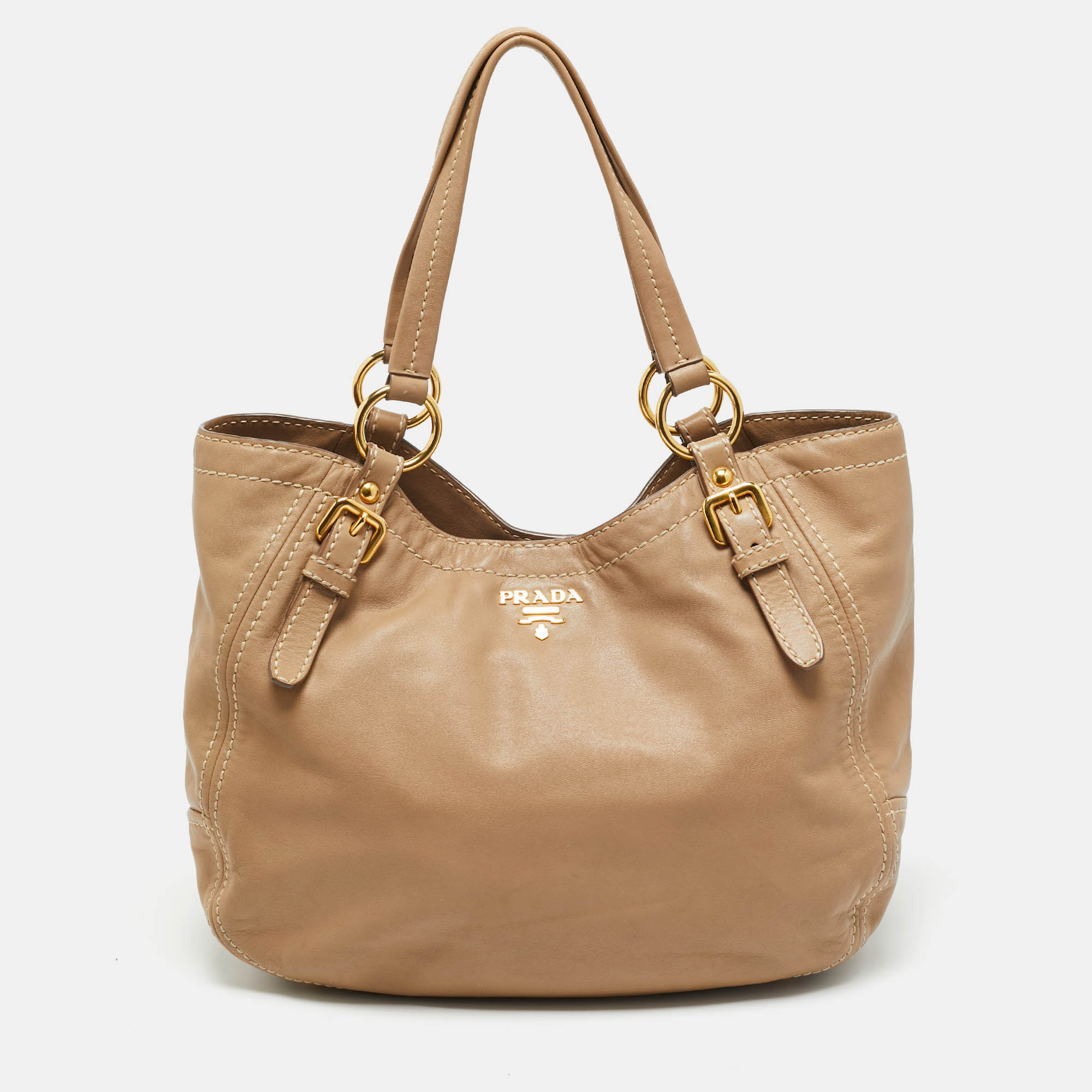 Pre Owned Prada Beige Soft Leather Buckle Tote