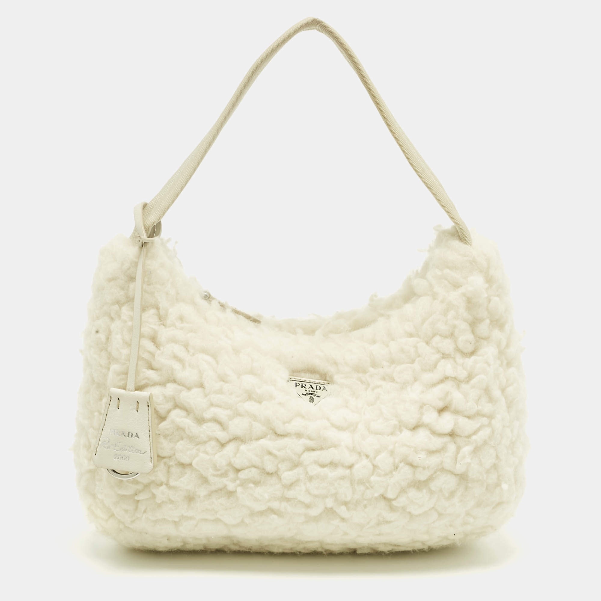 Pre Owned Prada White Wool Re-Edition 2000 Shoulder Bag