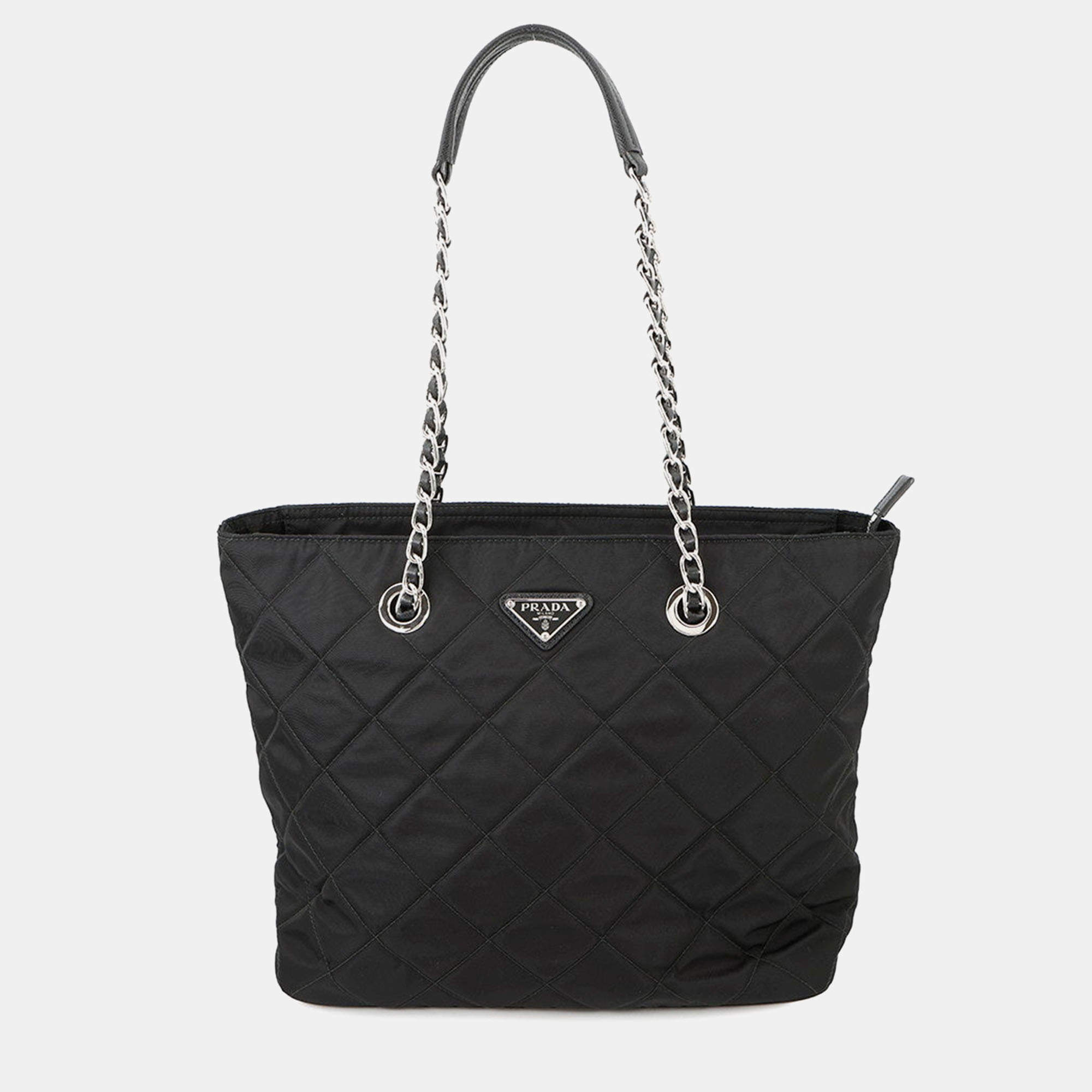 Pre Owned Prada Quilted Chaintote Bag Black Nylon