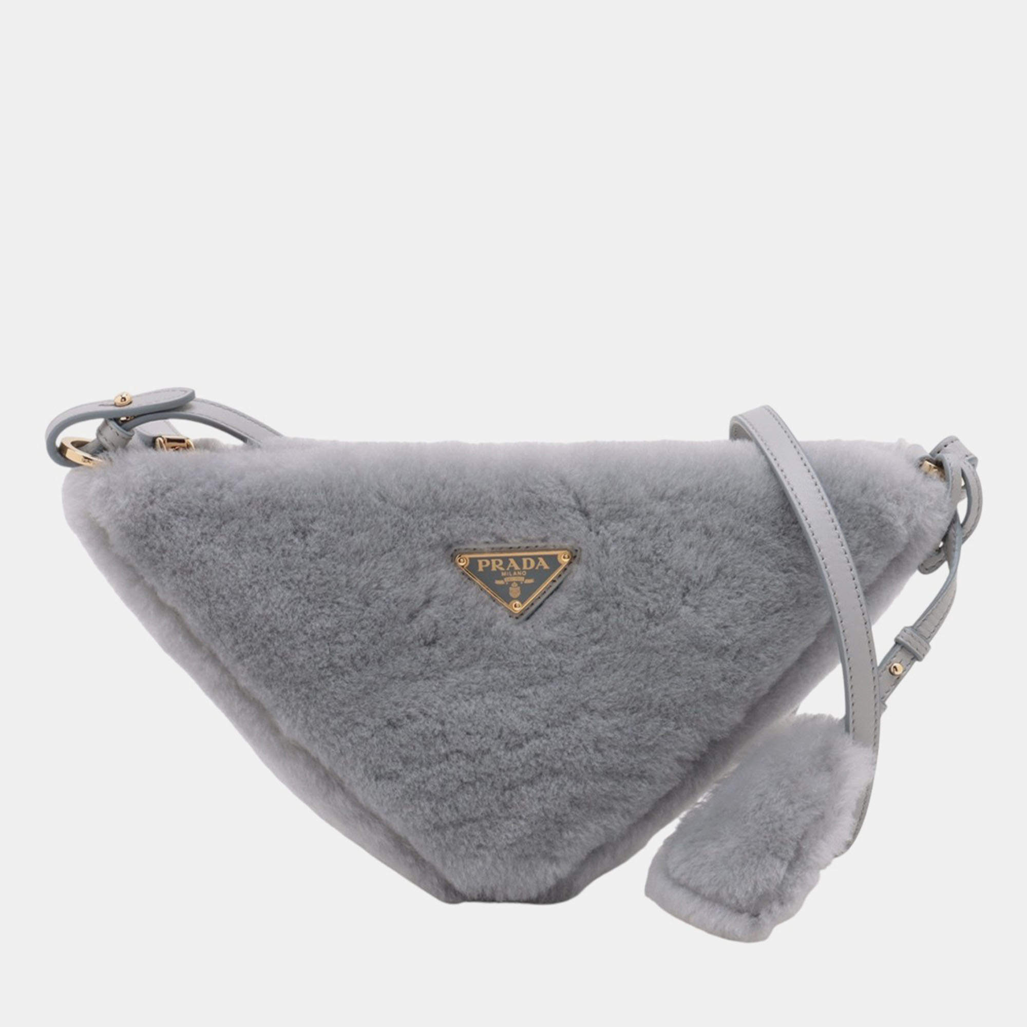 Pre Owned Prada Grey Mini Shearling Triangle Satchel