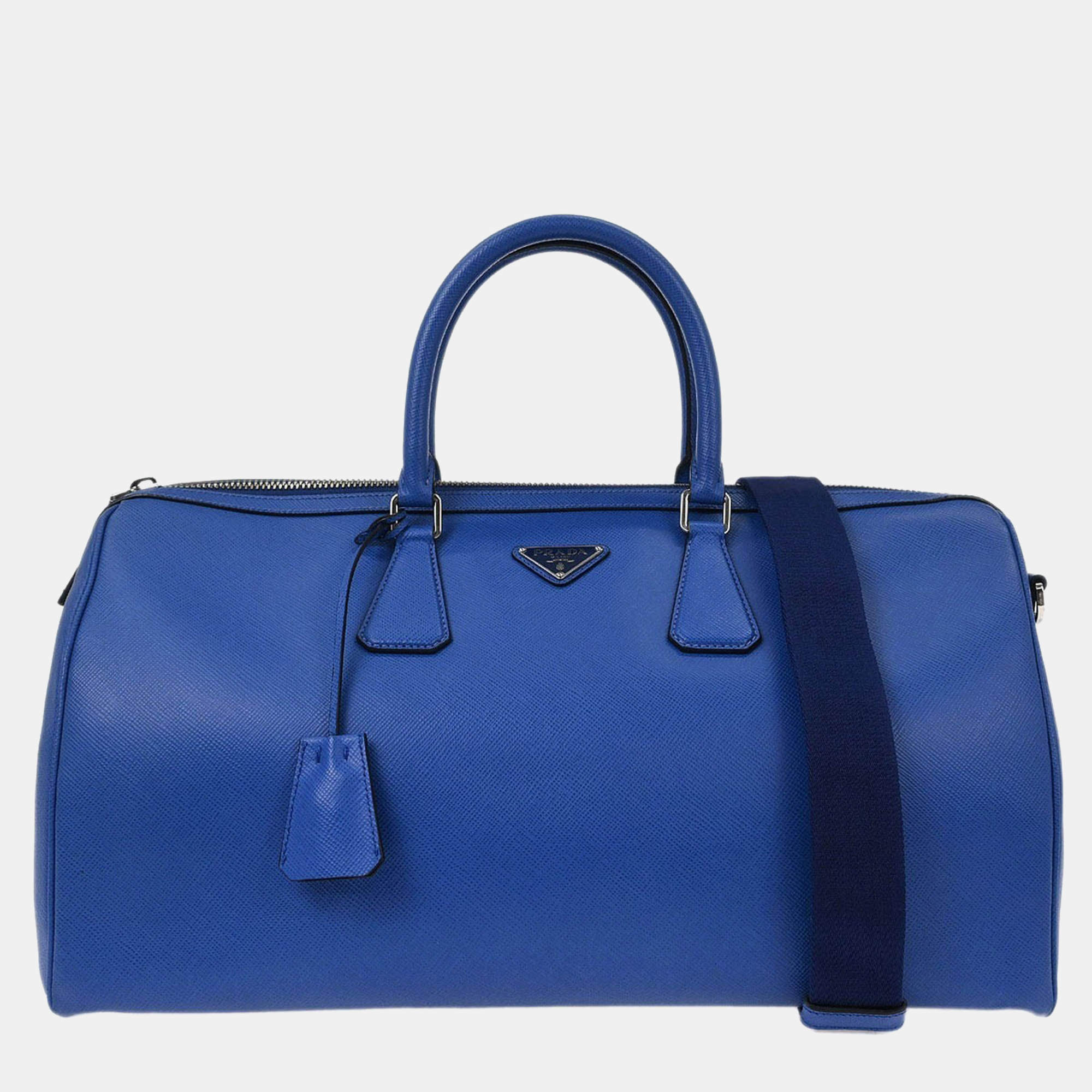 Pre Owned Prada Blue Leather Travel Duffle 2way Shoulder Handbag