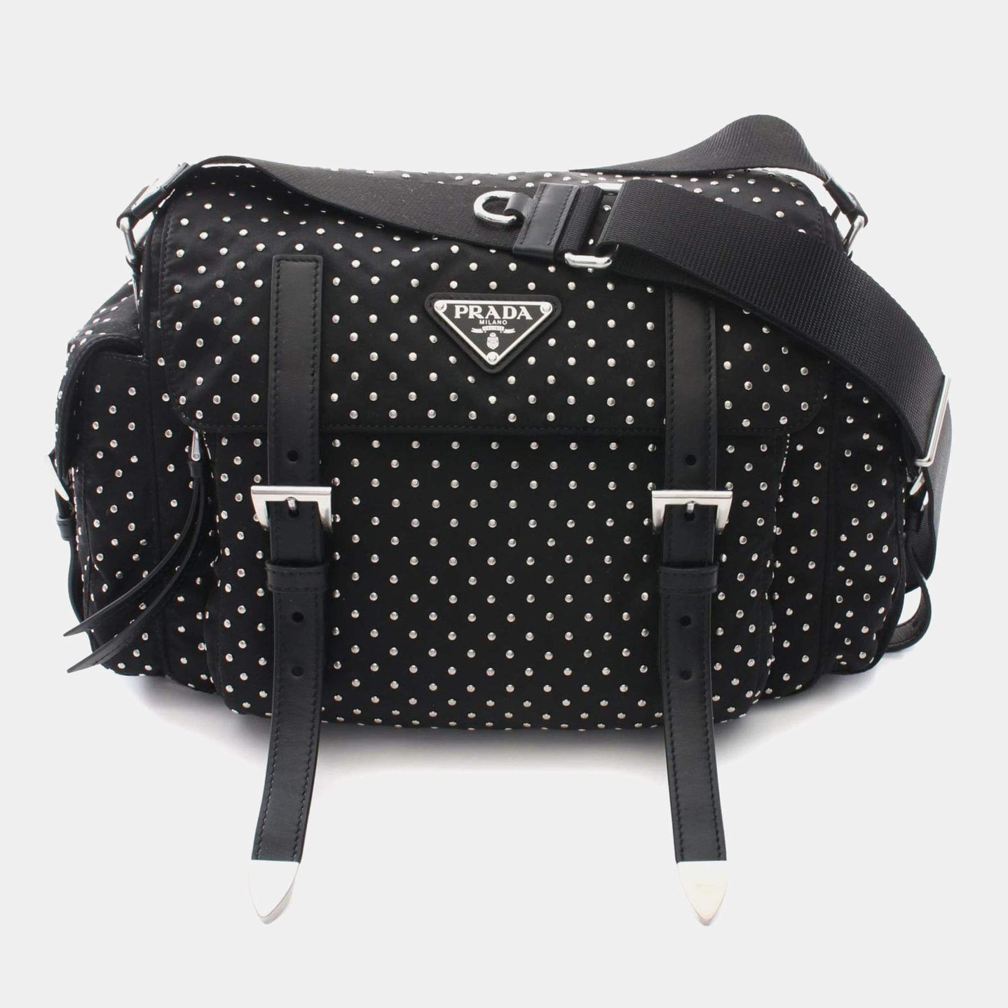 Pre Owned Prada Studded Shoulder Bag Nylon Leather Black