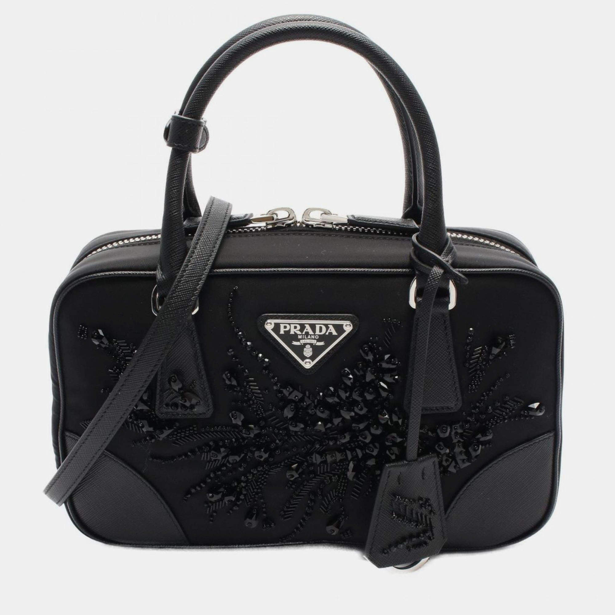 Pre Owned Prada Tessuto+Saffiano Handbag In Nylon And Saffiano Leather Black
