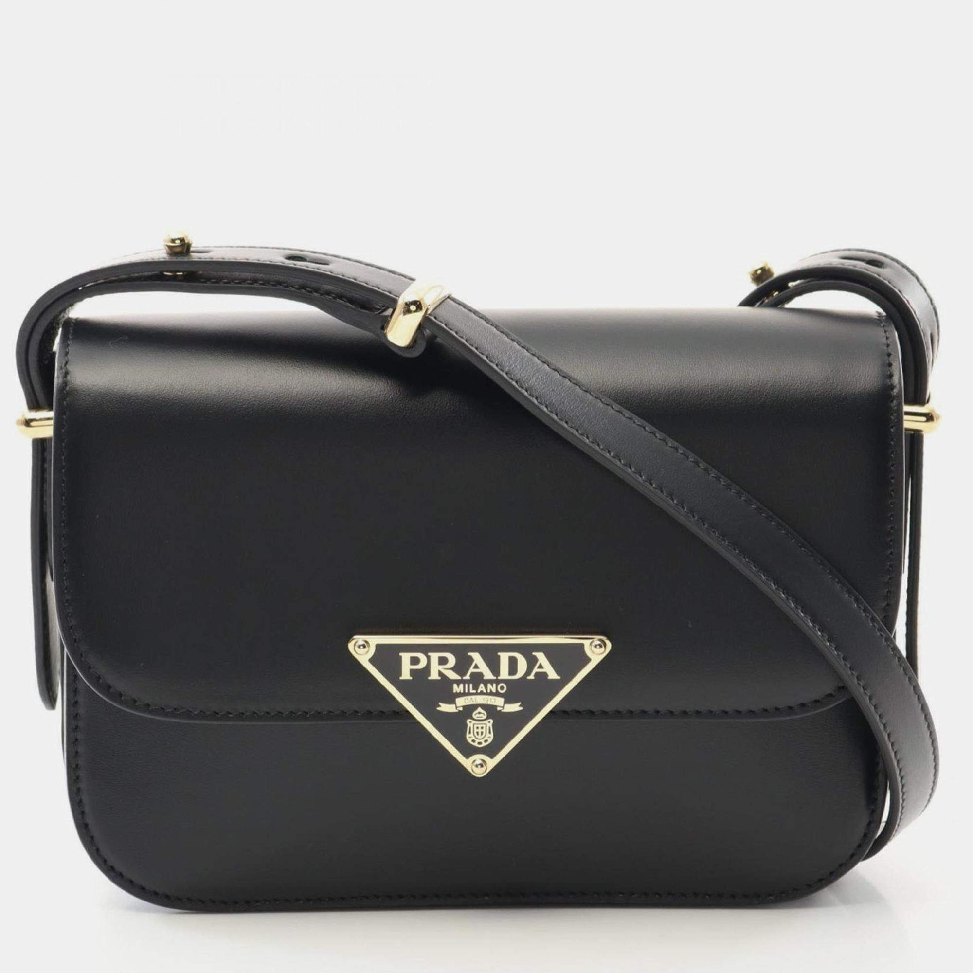 Pre Owned Prada Soft Calf Shoulder Bag Leather Black