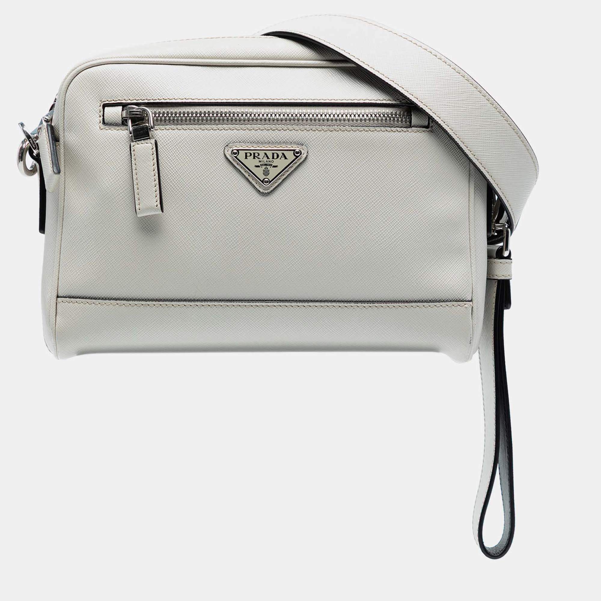 Pre Owned Prada White Saffiano Travel Triangle Wristlet Crossbody