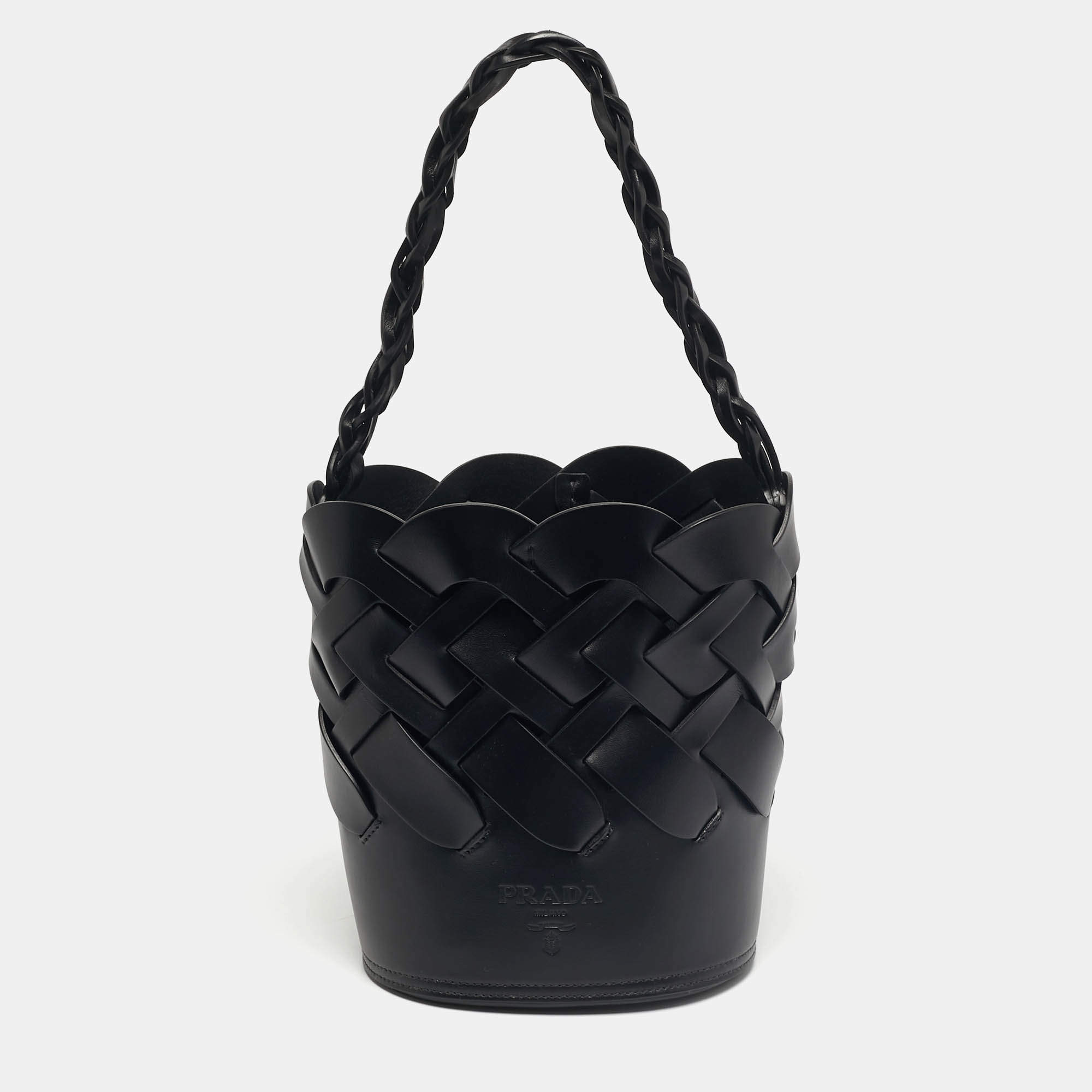 Pre Owned Prada Black Intreccio Leather Tress Bucket Bag