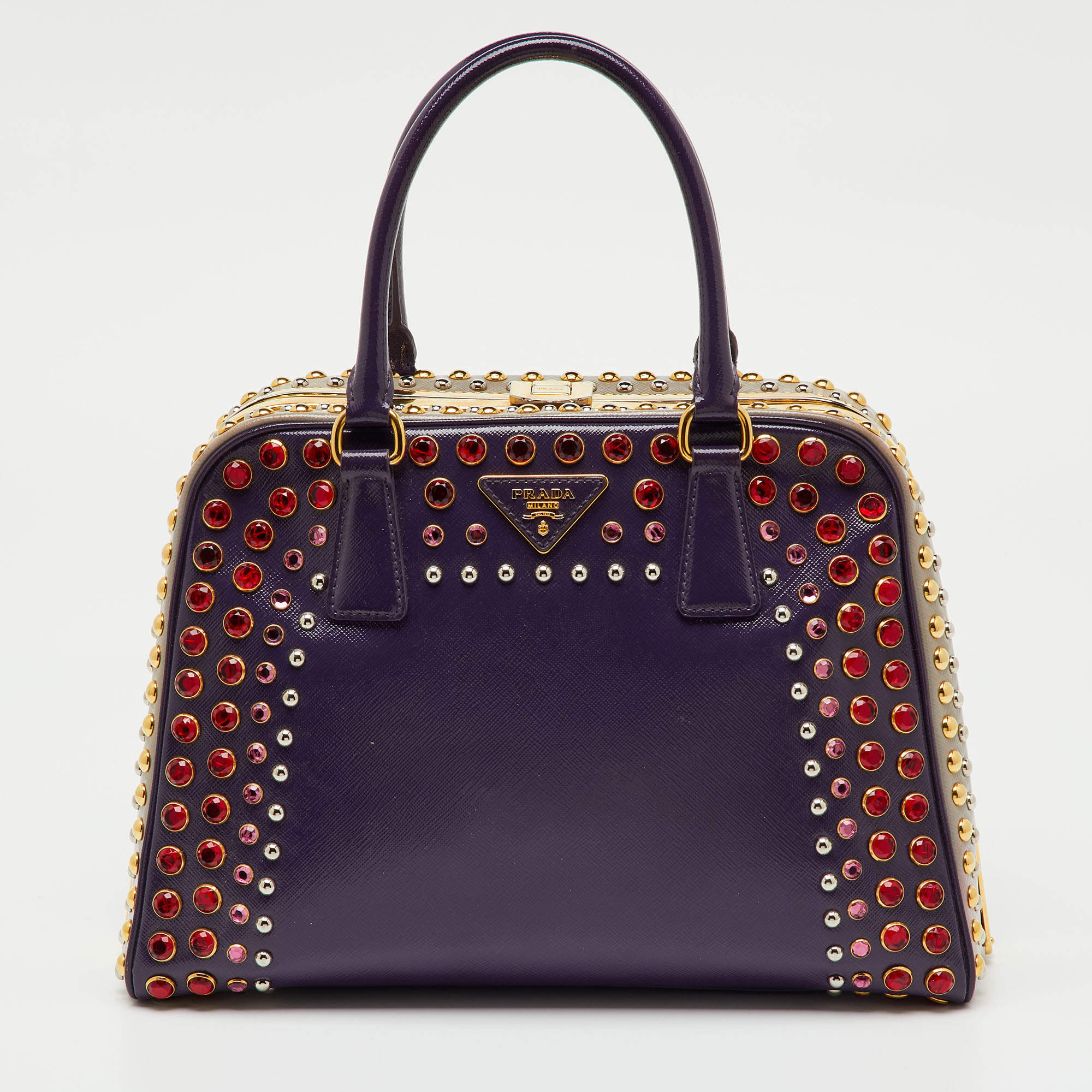 Pre Owned Prada Multicolor Saffiano Patent Leather Crystal Embellished Pyramid Frame Satchel