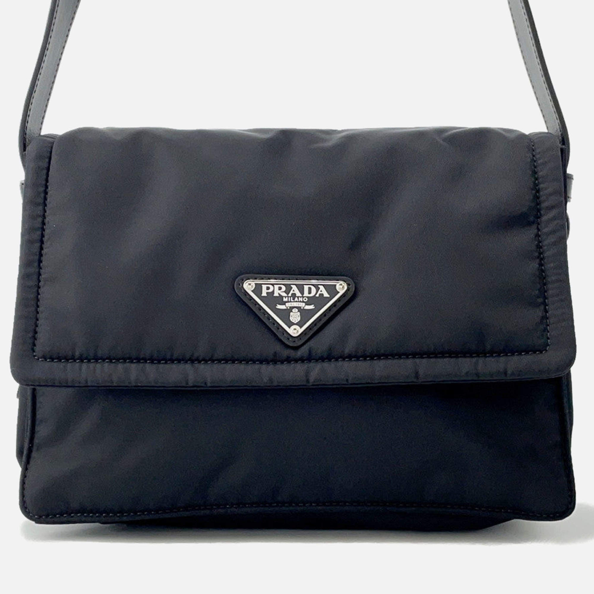 Pre Owned Prada Padded Re-Nylon Shoulder Bag Black Nylon Leather Size Small