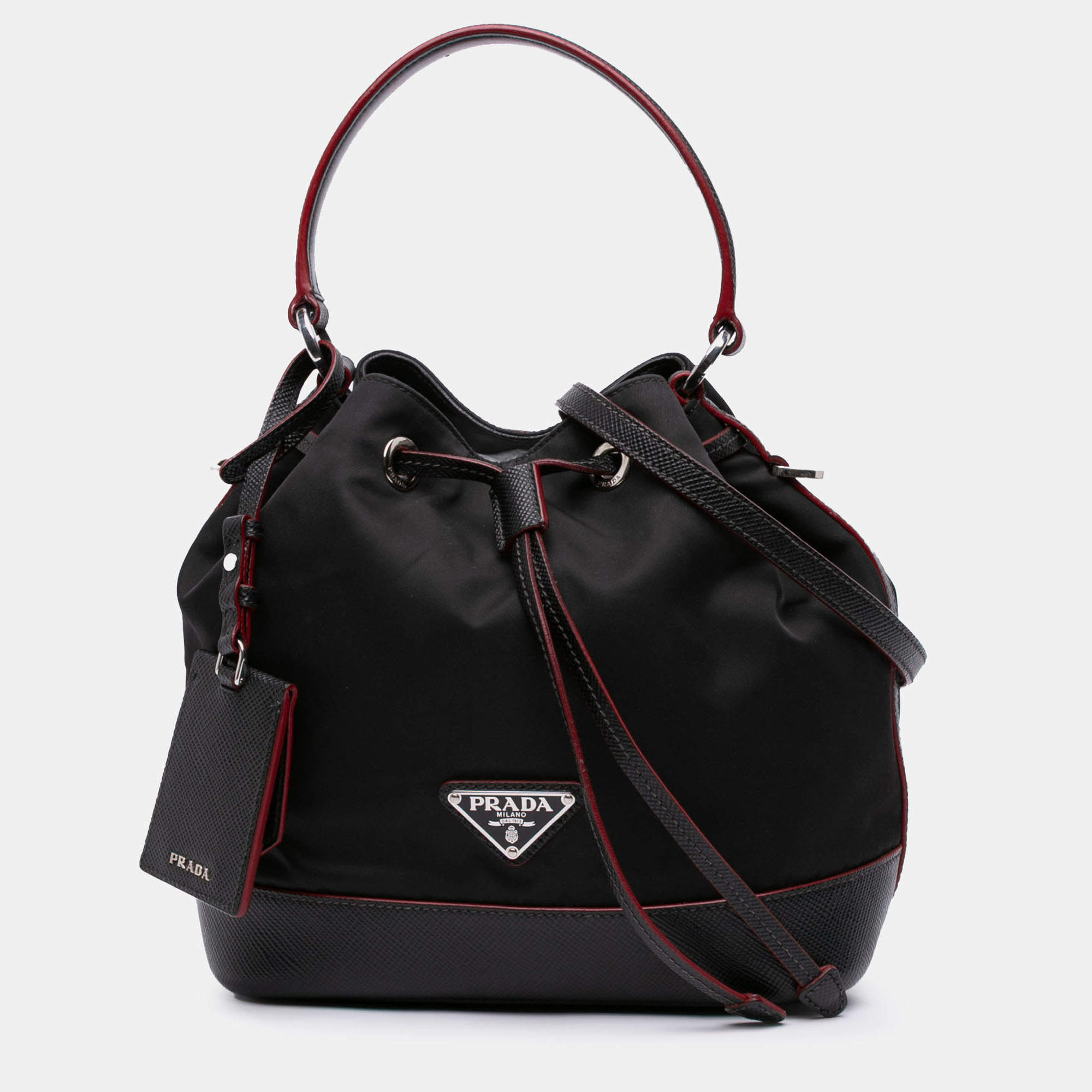Pre Owned Prada Black Saffiano Trimmed Tessuto Bucket Bag