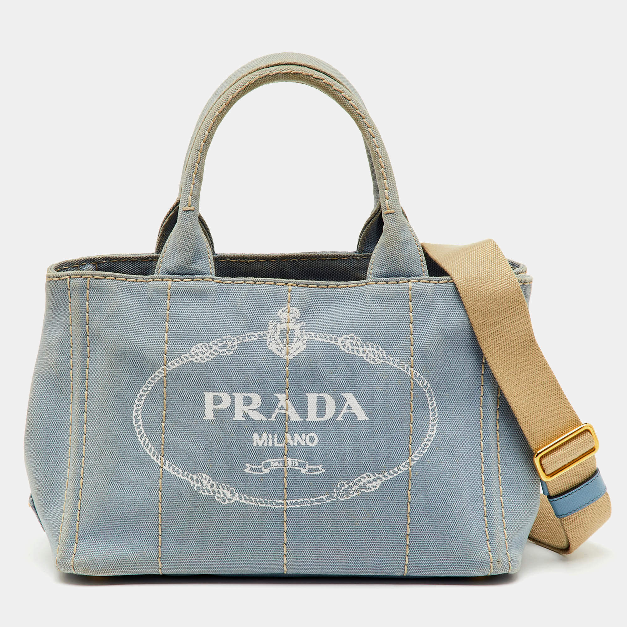 Pre Owned Prada Light Blue Canvas Logo Small Canapa Tote