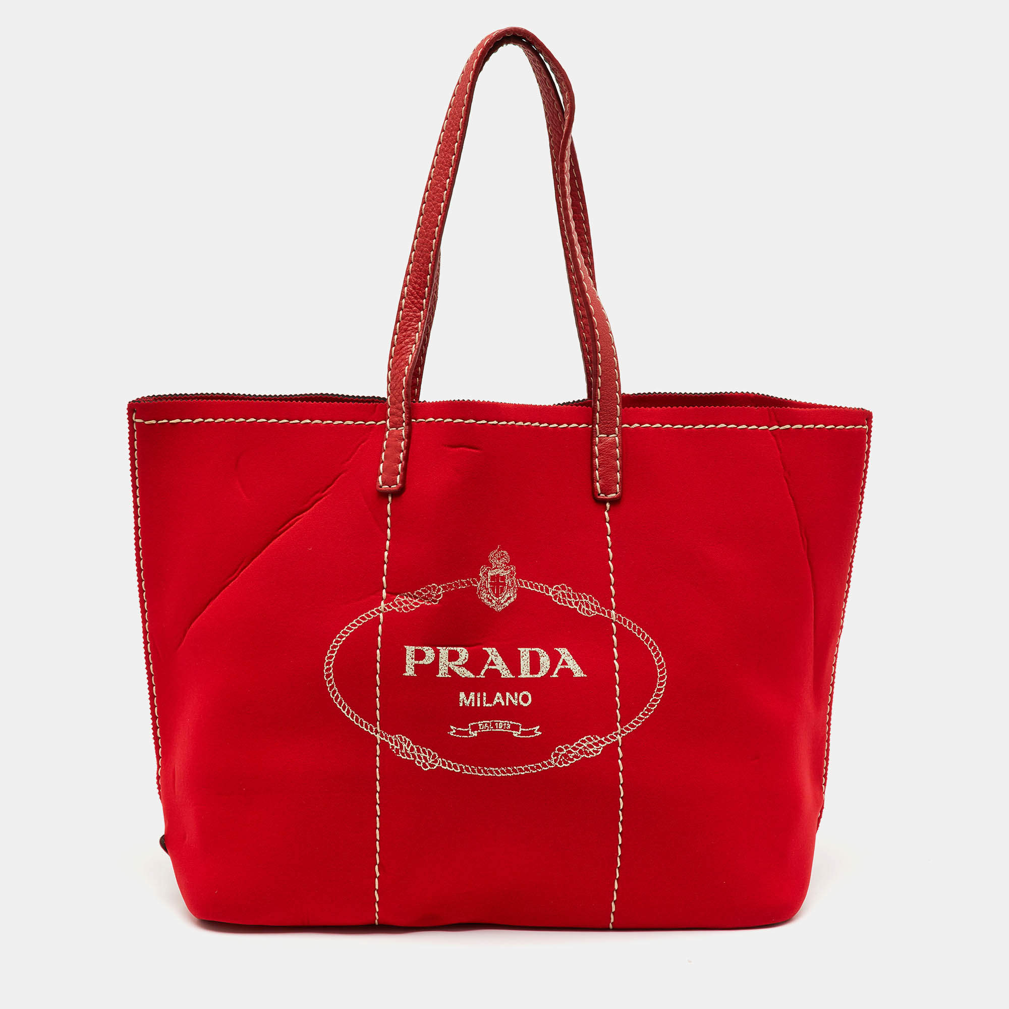 Pre Owned Prada Red Neoprene and Leather Logo Canapa Tote
