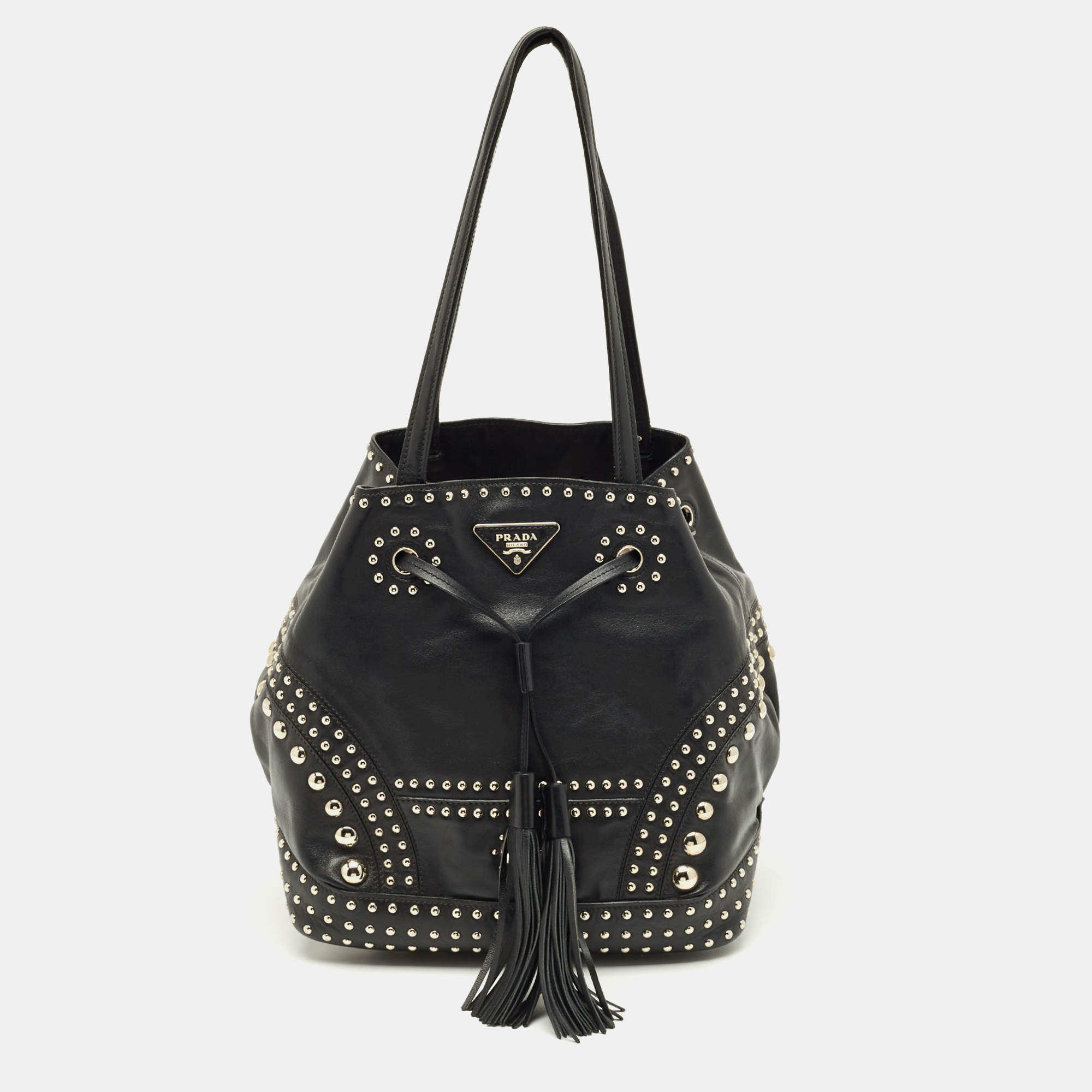 Pre Owned Prada Black Leather Studded Drawstring Bucket Bag