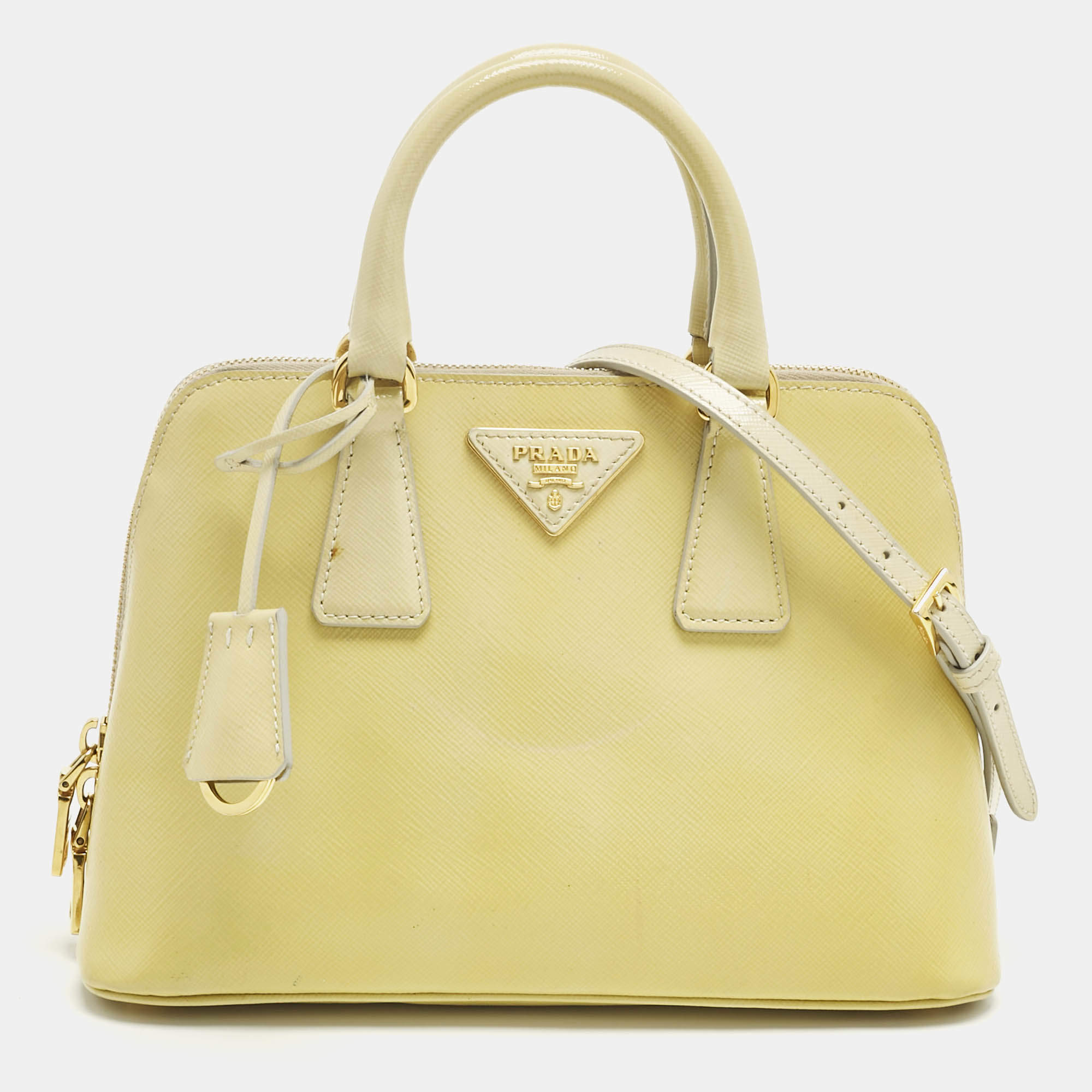 Pre Owned Prada Light Yellow Saffiano Patent Lux Leather Small Promenade Satchel