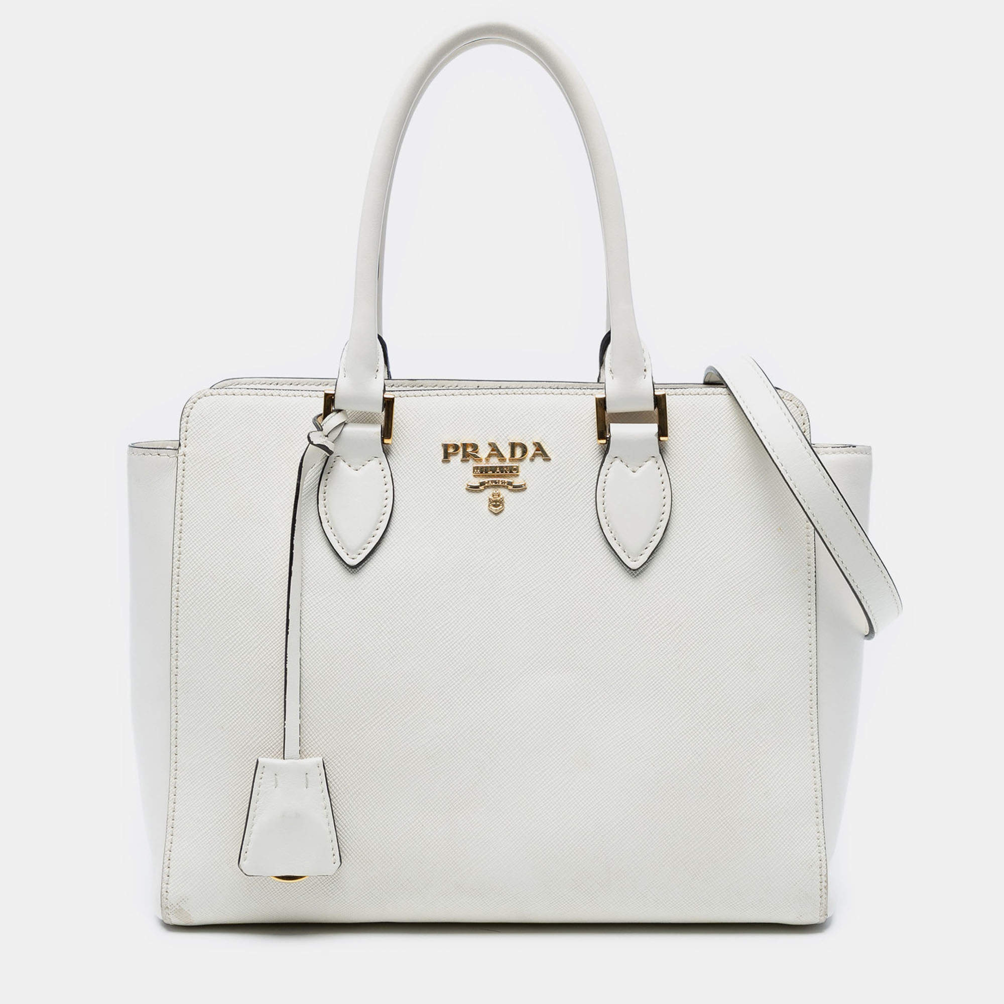 Pre Owned Prada White Soft Calf Trimmed Saffiano Lux Open Convertible Tote