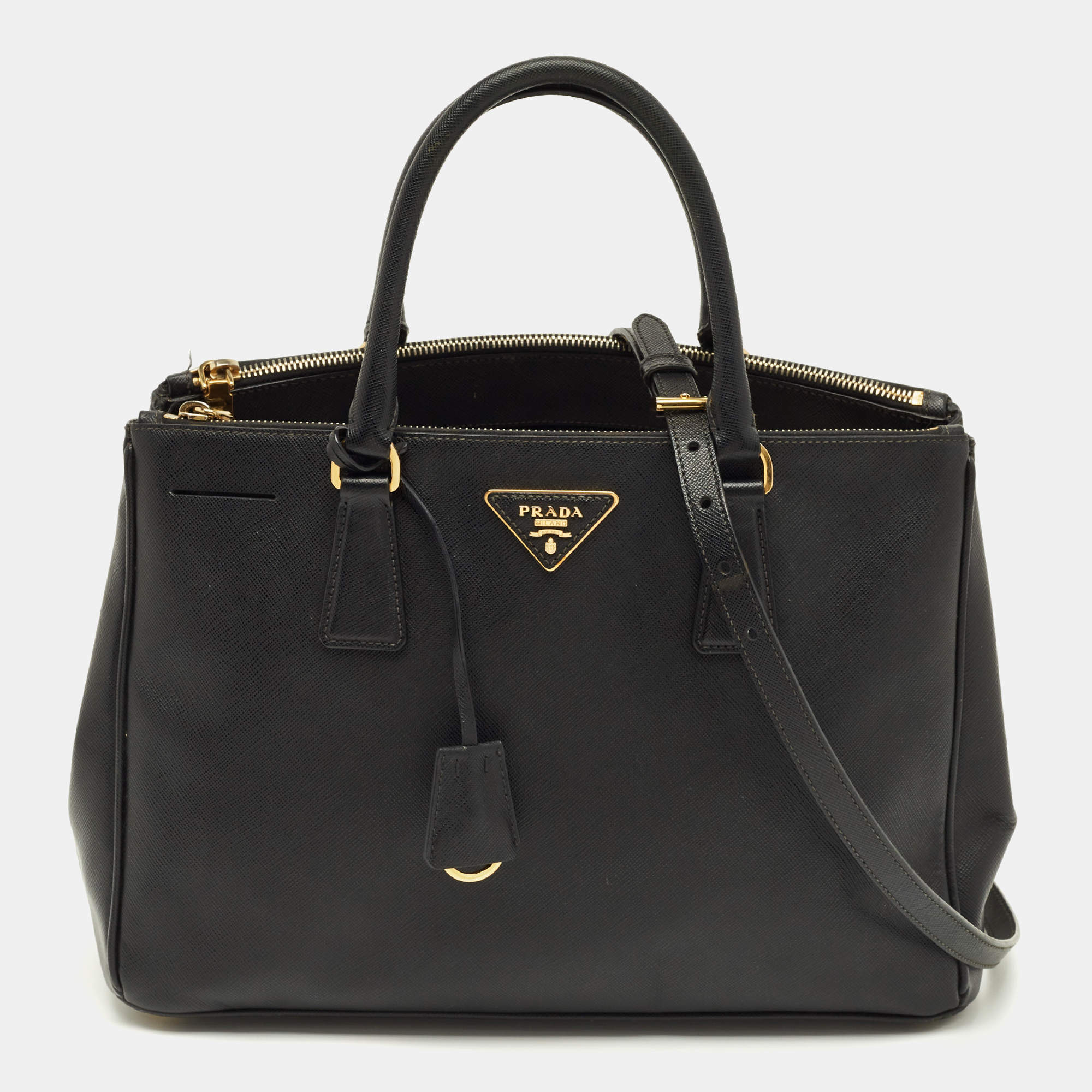 Pre Owned Prada Black Saffino Leather Medium Double Zip Tote