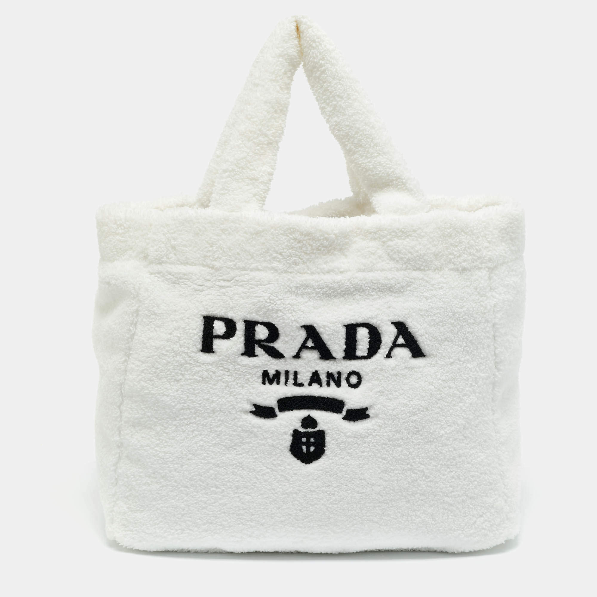 Pre Owned Prada White/Black Terry Cloth Logo Tote
