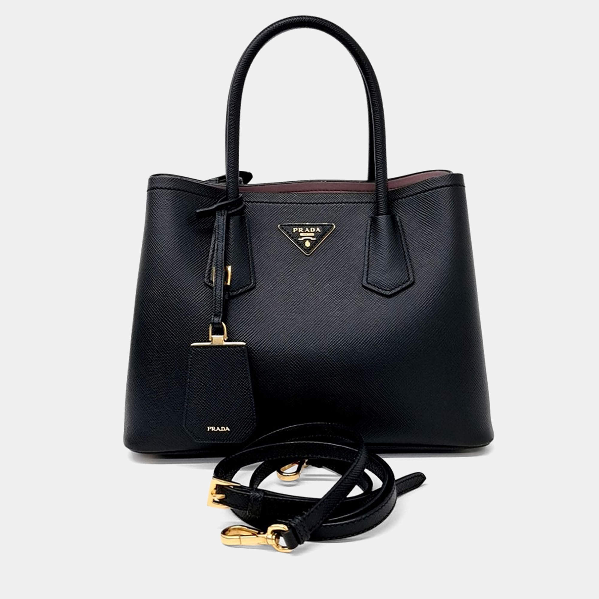 Pre Owned Prada Black Leather Saffiano Double Tote and Shoulder Bag