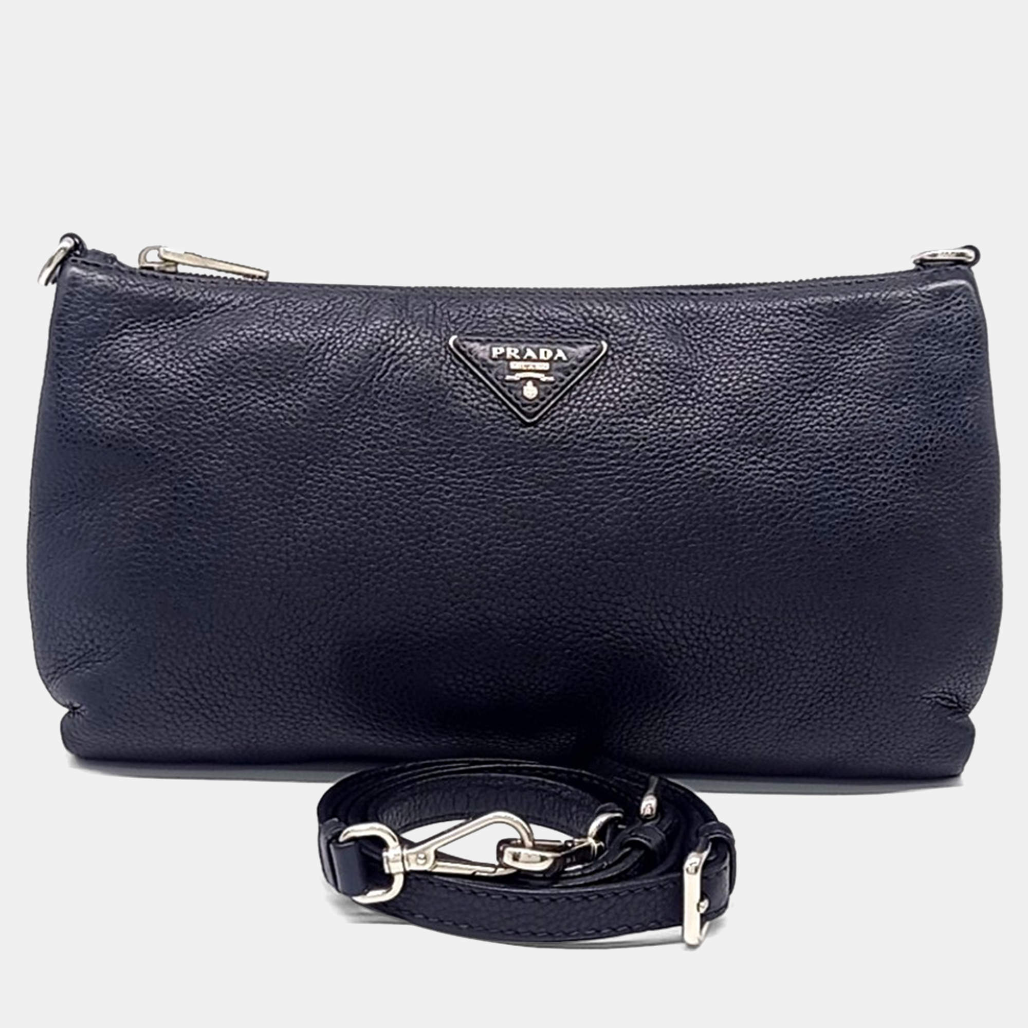 Pre Owned Prada Navy Blue Leather Vitello Crossbody Bag