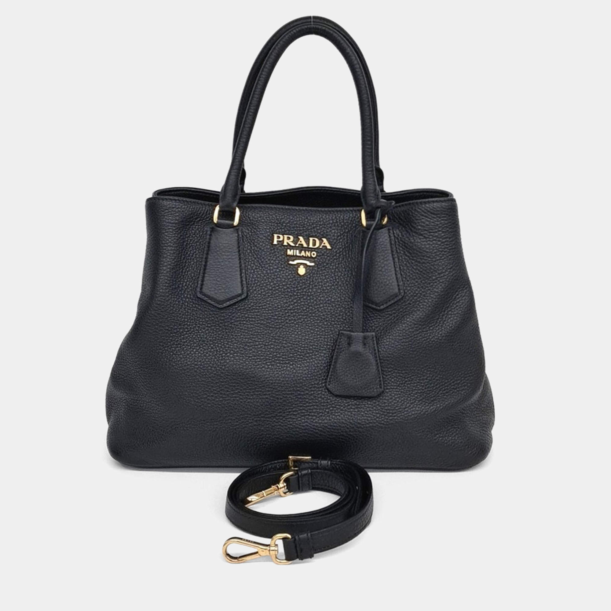 Pre Owned Prada Black Leather Dino Tote and Shoulder Bag