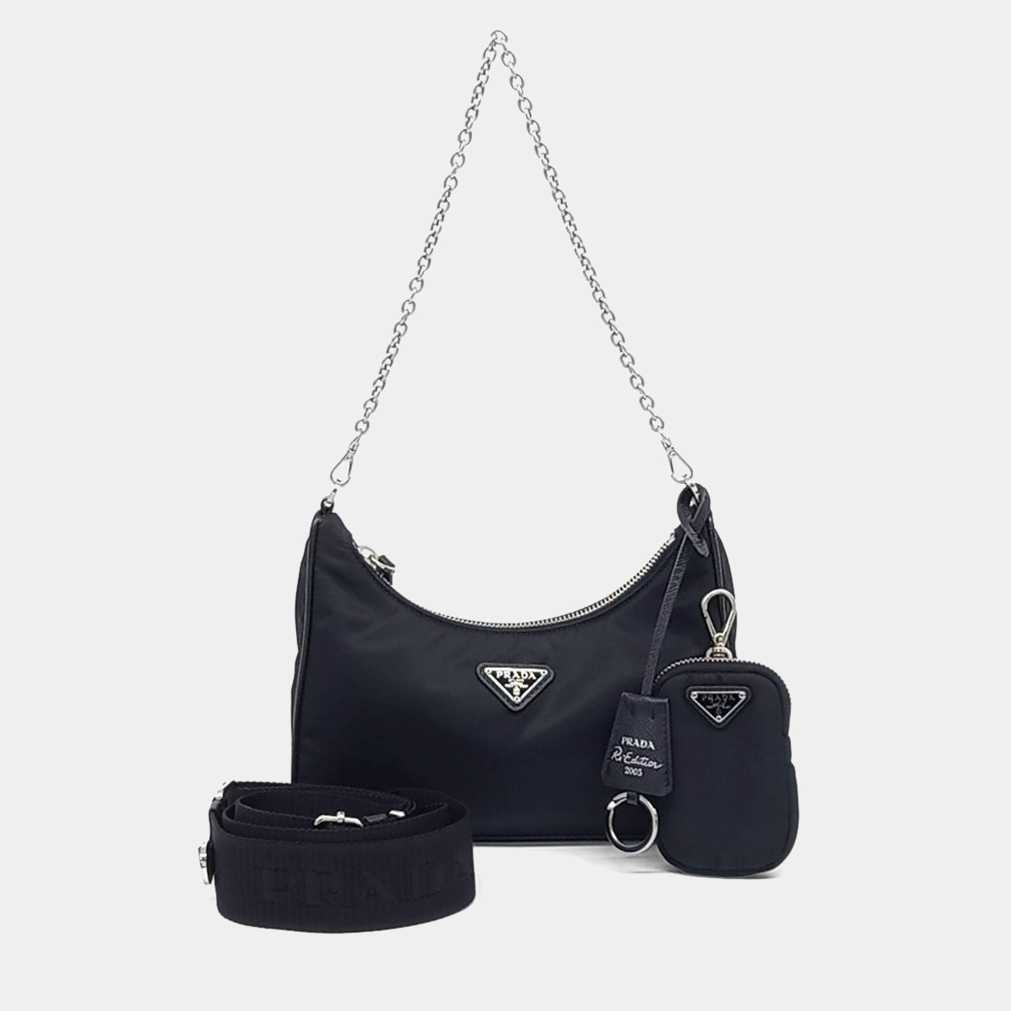 Pre Owned Prada Black Nylon Re-Nylon Tessuto Chain Strap Hobo Bag