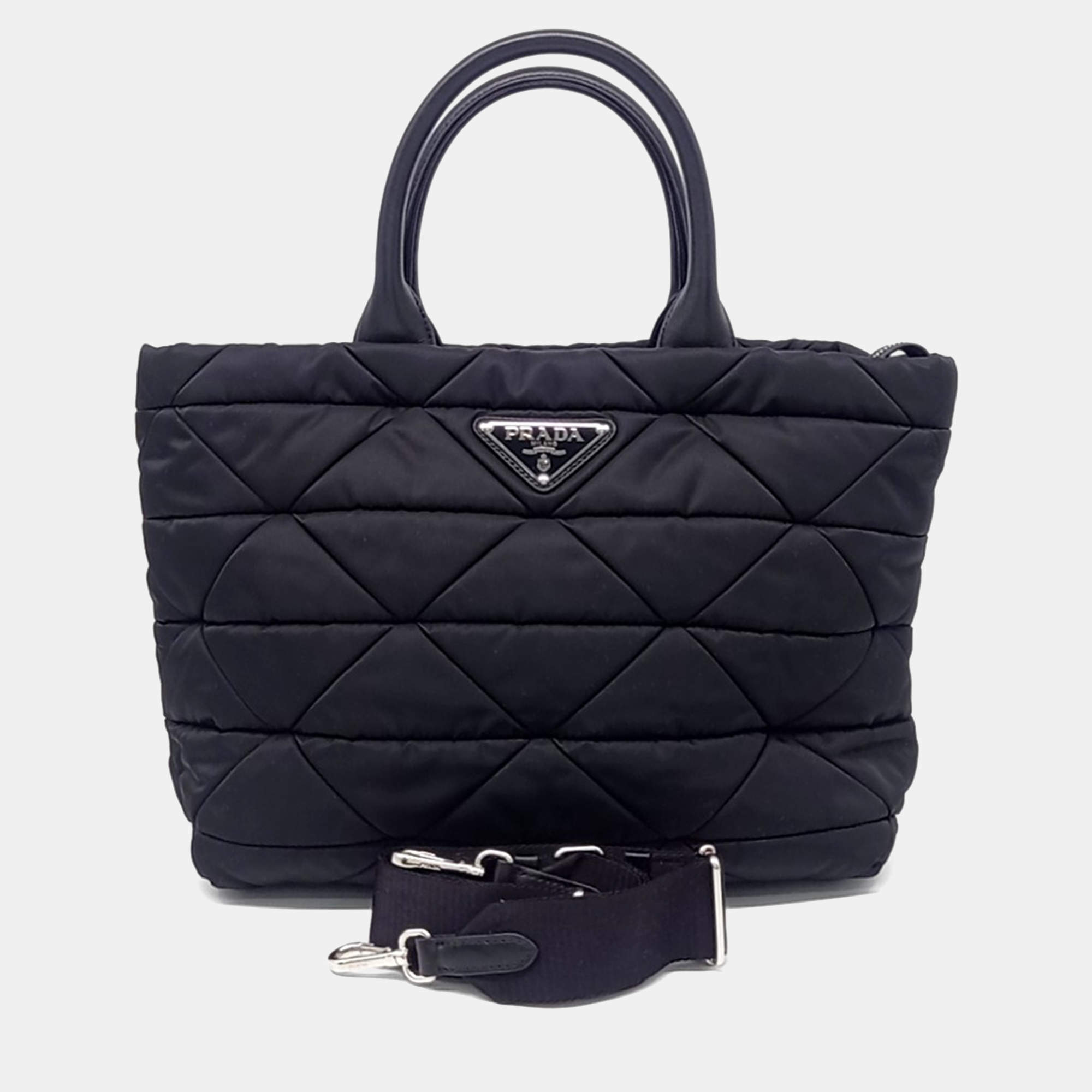 Pre Owned Prada Black Nylon Re-Nylon Tessuto Quilted Tote and Shoulder Bag