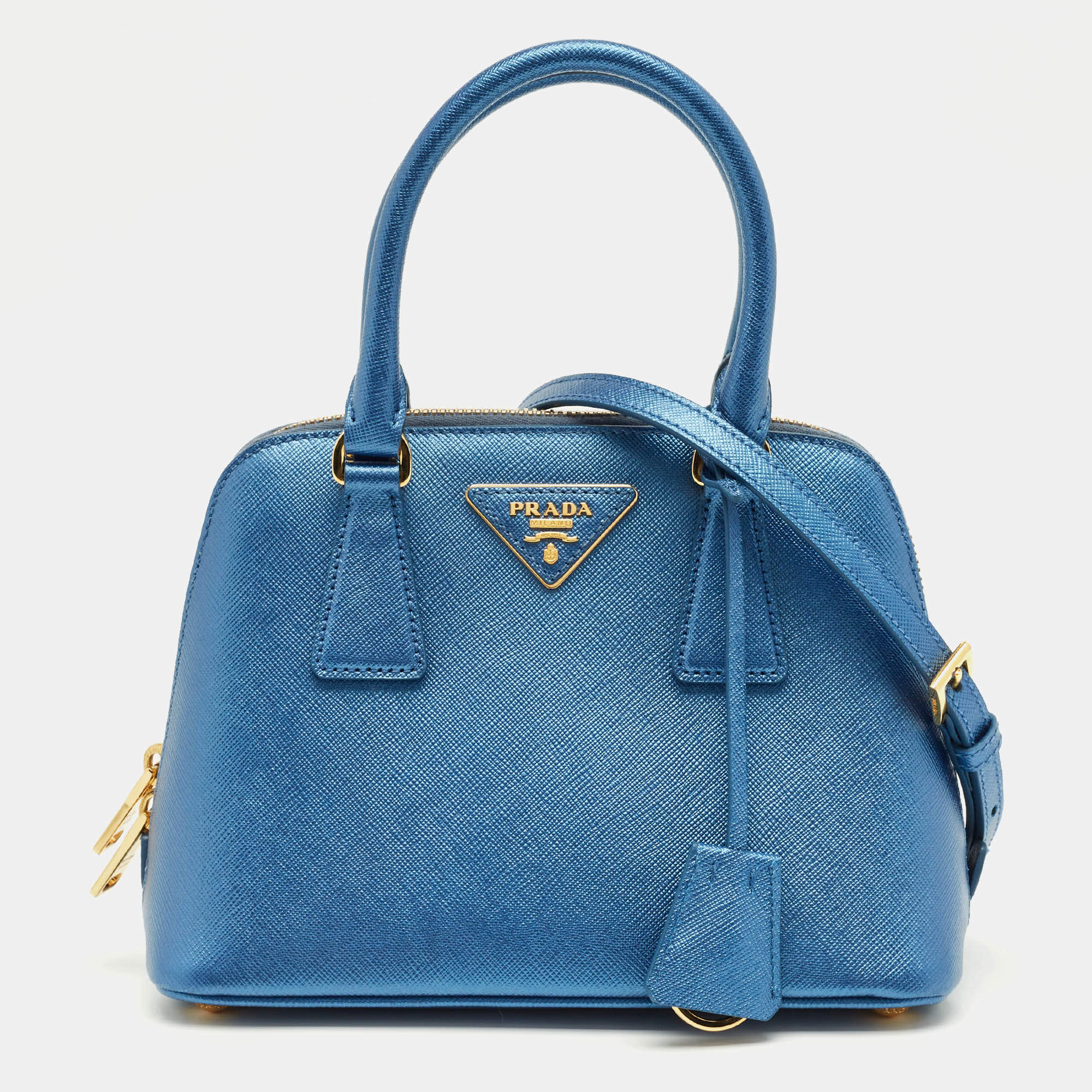 Pre Owned Prada Metallic Blue Saffiano Leather Promenade Satchel