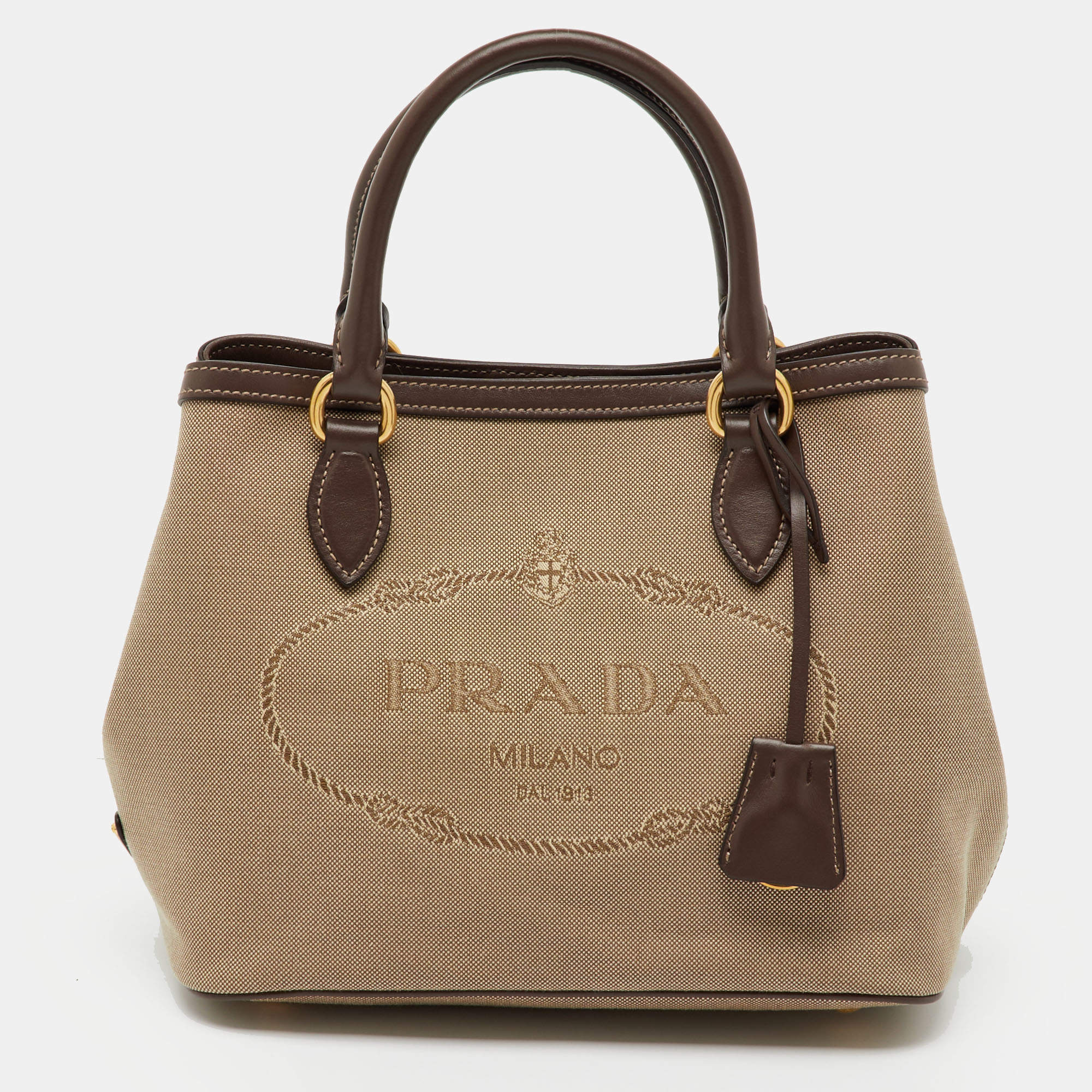 Pre Owned Prada Brown Canvas and Leather Canapa Logo Tote