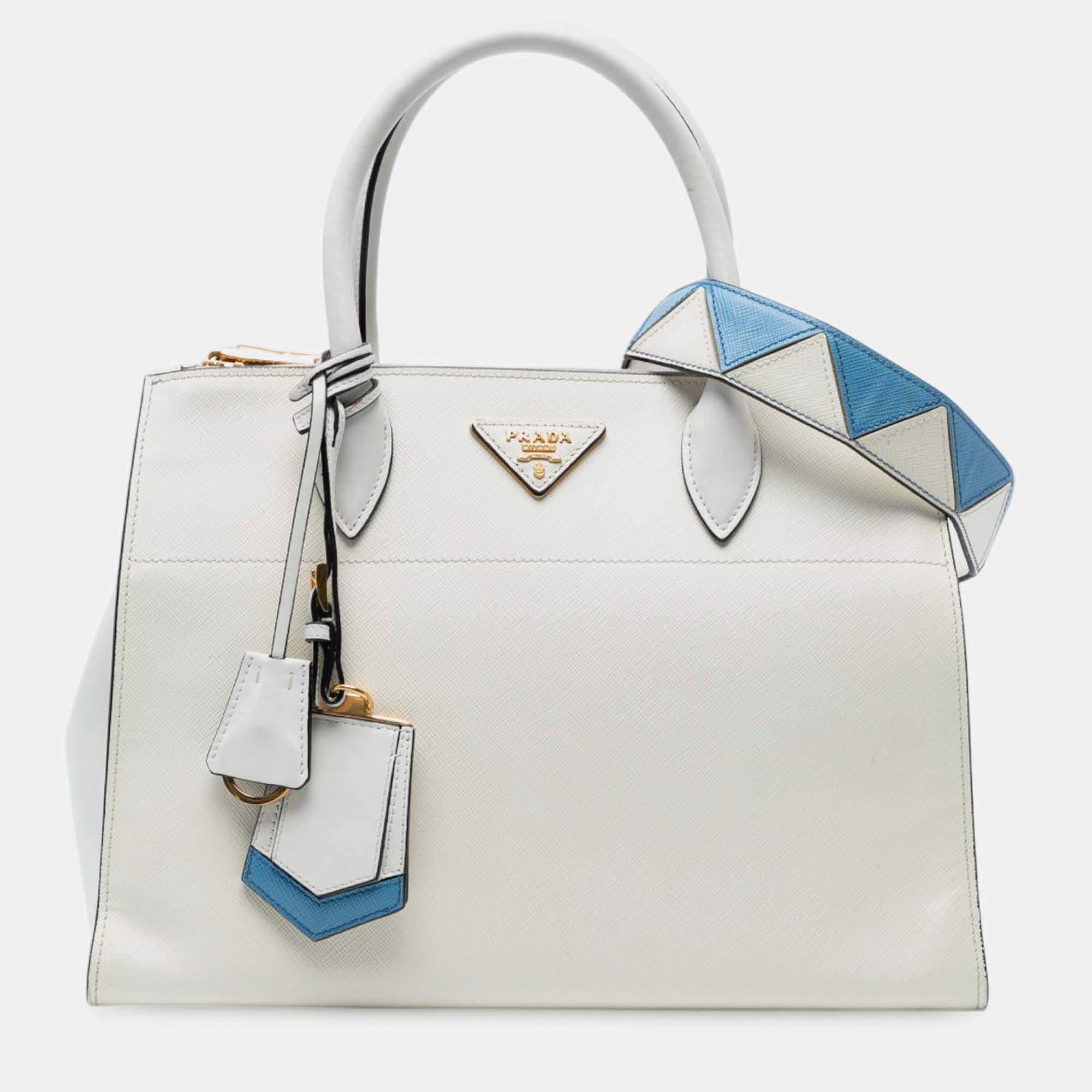 Pre Owned Prada City Calf Trimmed Saffiano Greche Paradigme Bag