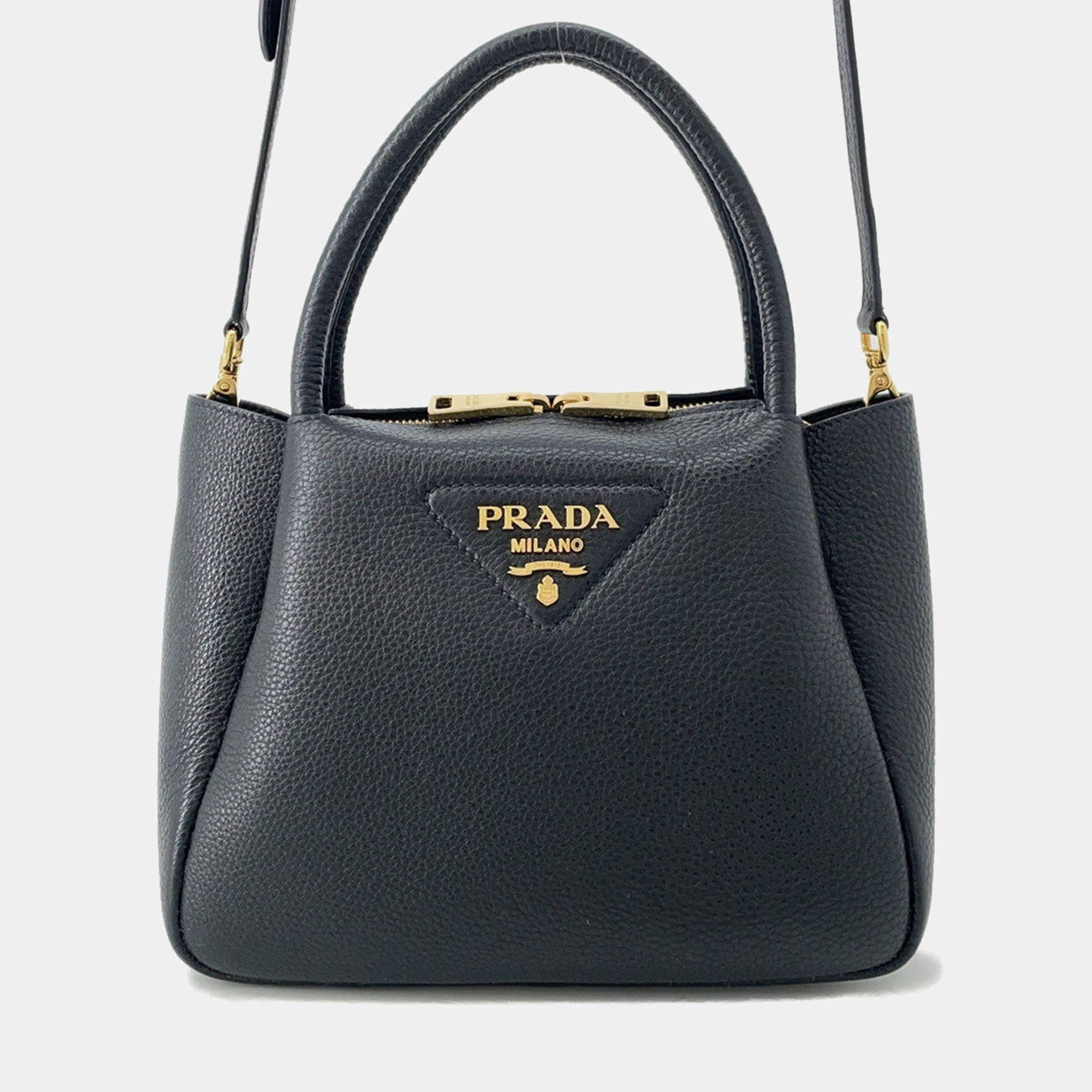 Pre Owned Prada Vitello Dino 2Way Handbag Black Leather