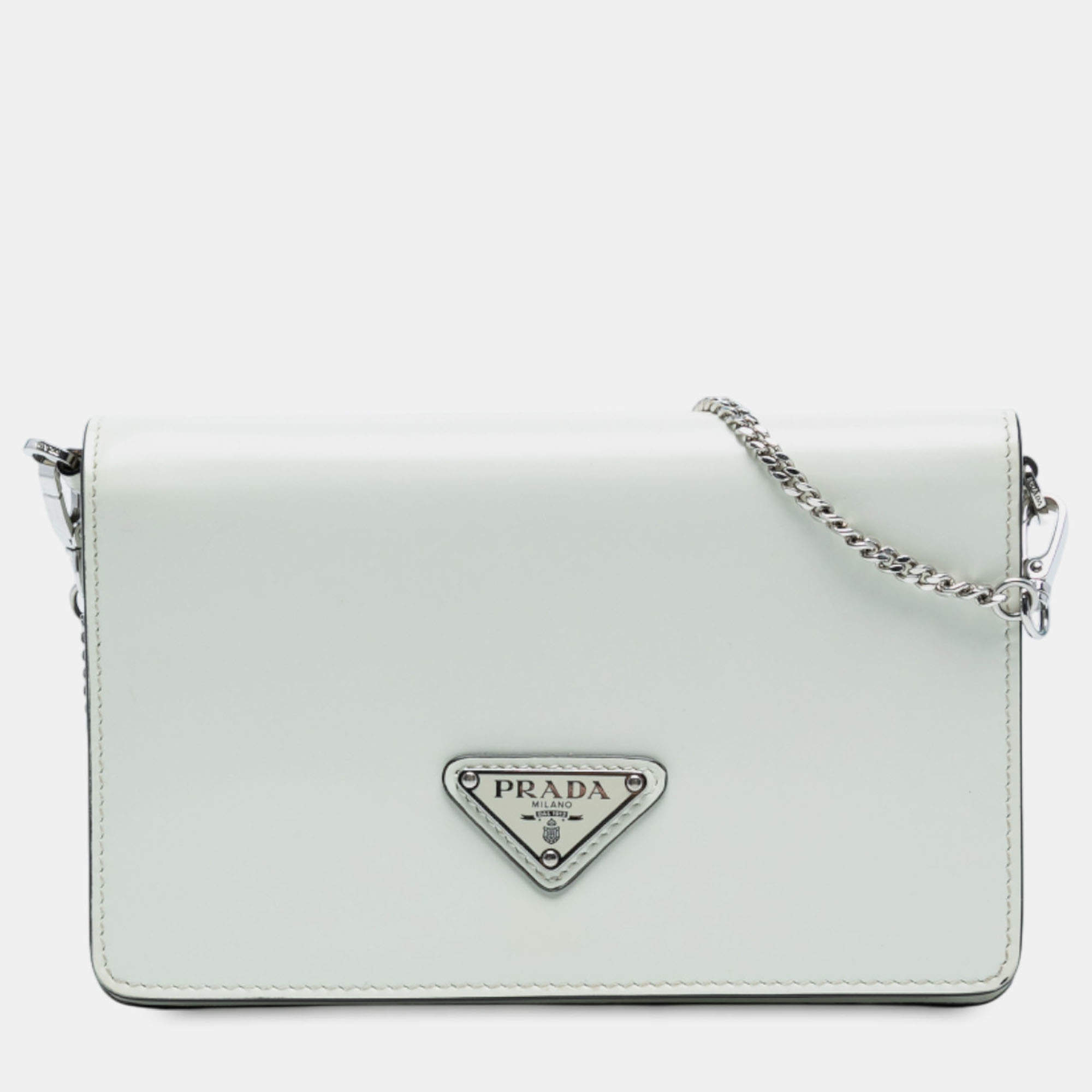 Pre Owned Prada White Mini Brushed Leather Chain Crossbody
