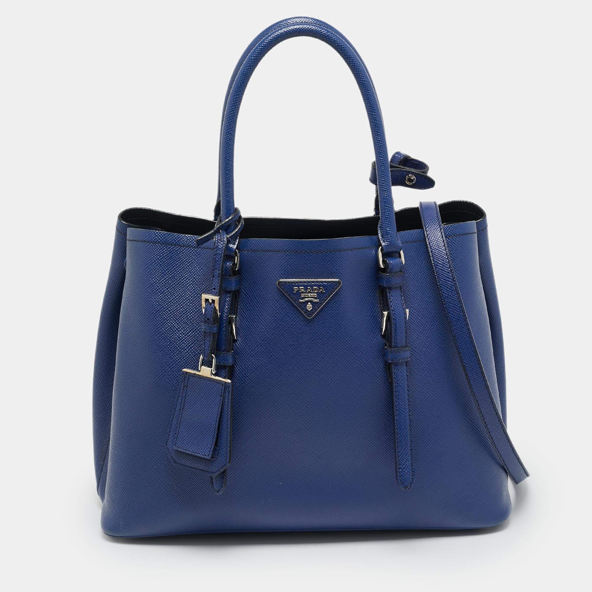 Pre Owned Prada Double Handle Medium Blue Saffiano Cuir Leather Tote