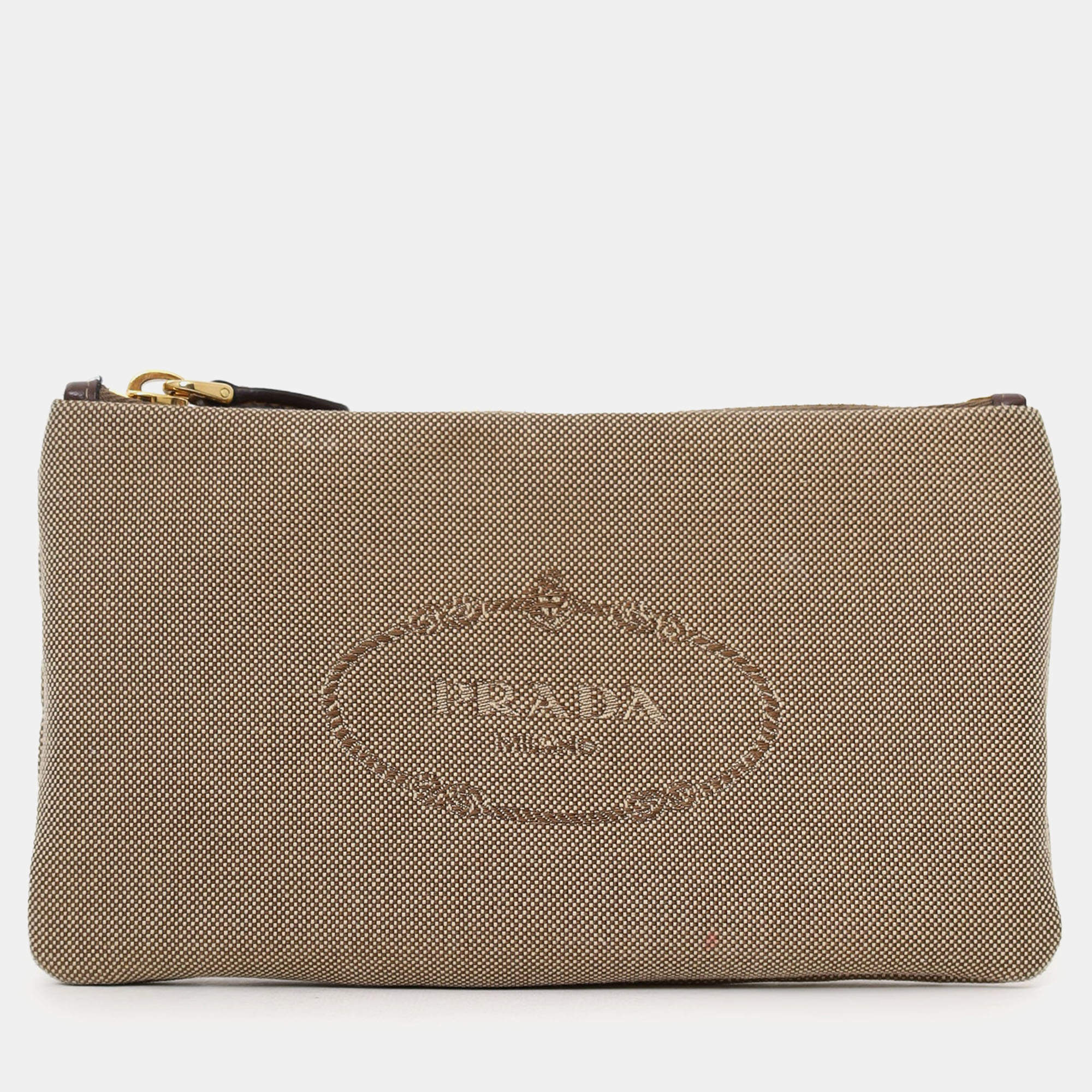 Pre Owned Prada Beige Logo Jacquard Canapa Clutch