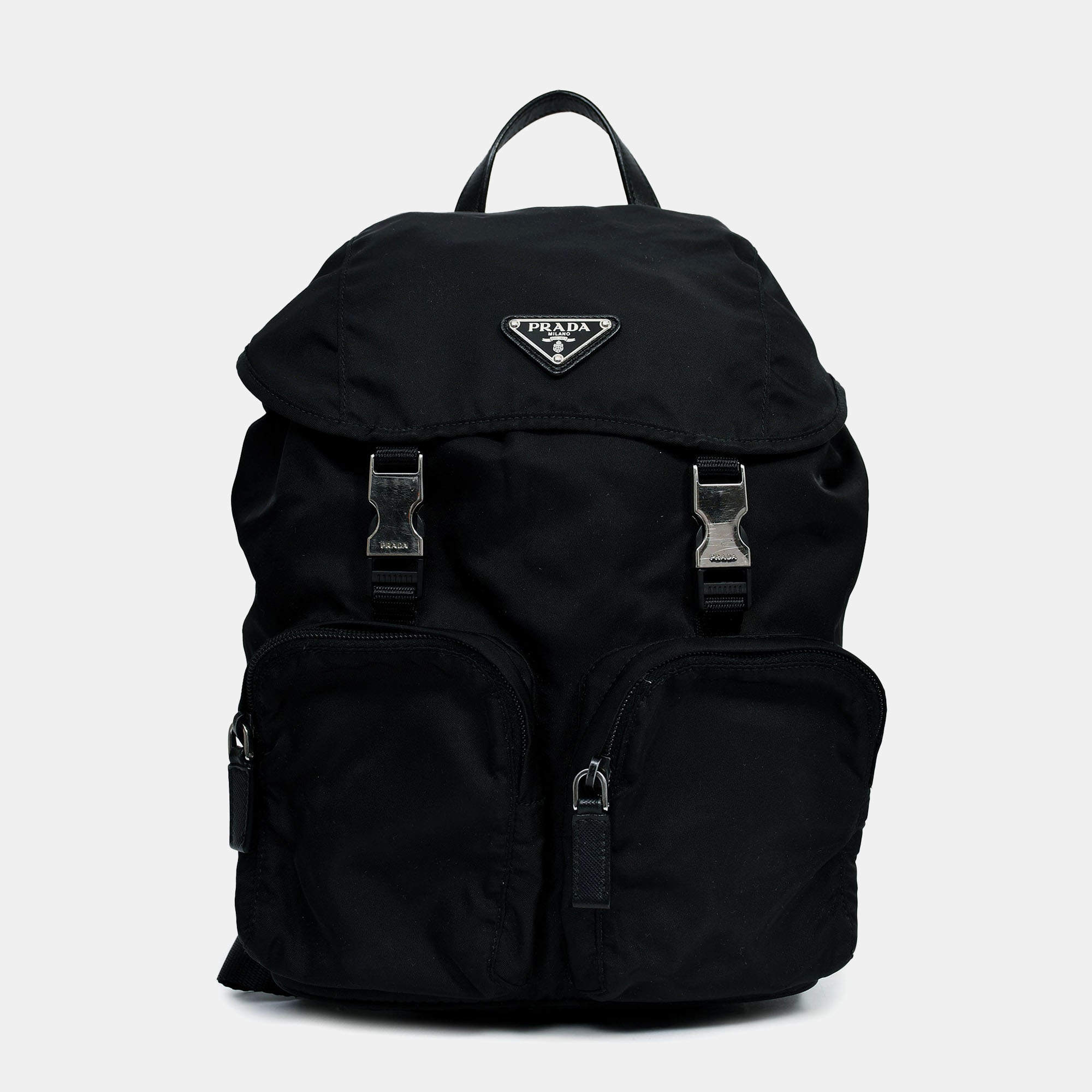 Pre Owned Prada Black Tessuto Nylon Double Buckle Backpack