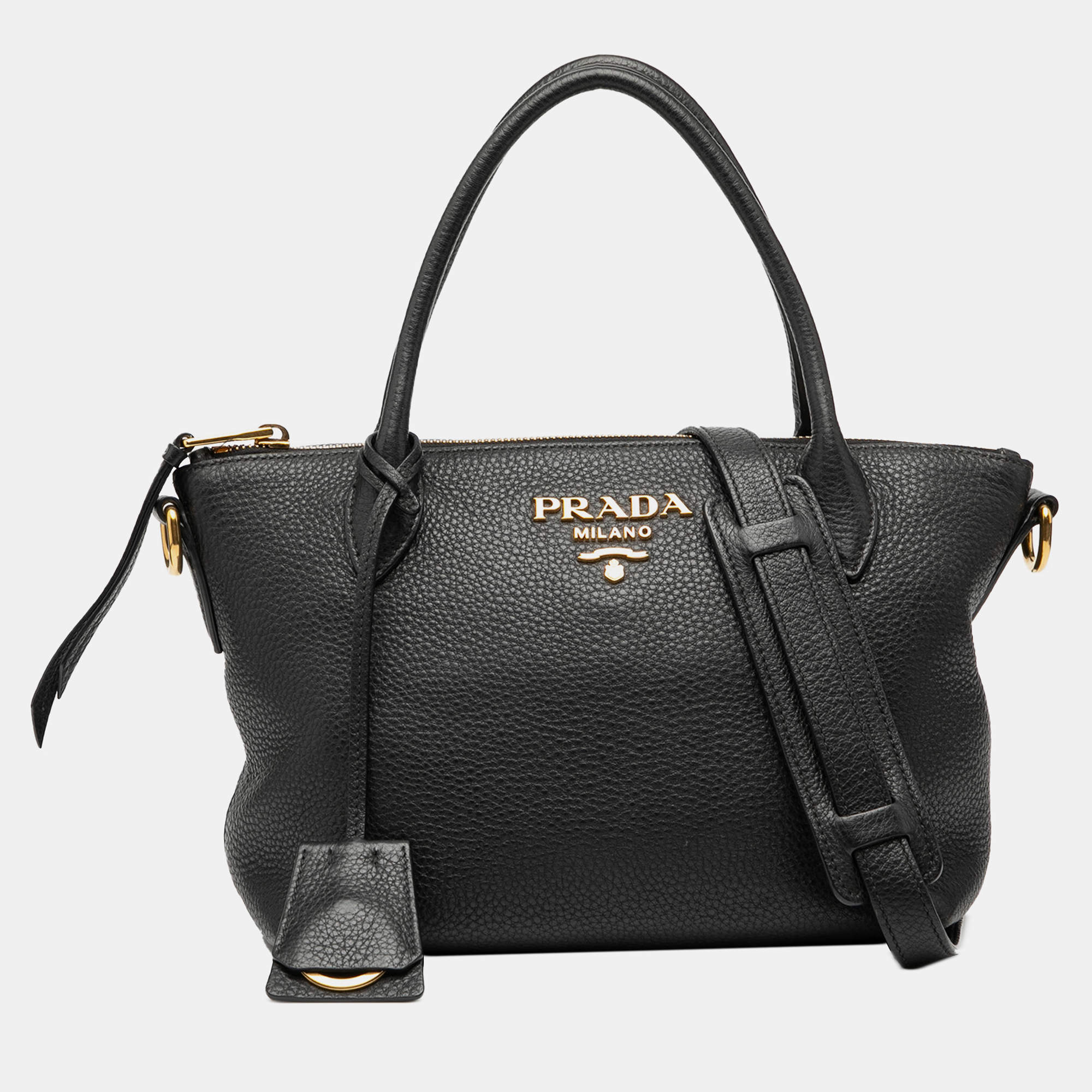 Pre Owned Prada Black Vitello Daino Zip Top Satchel