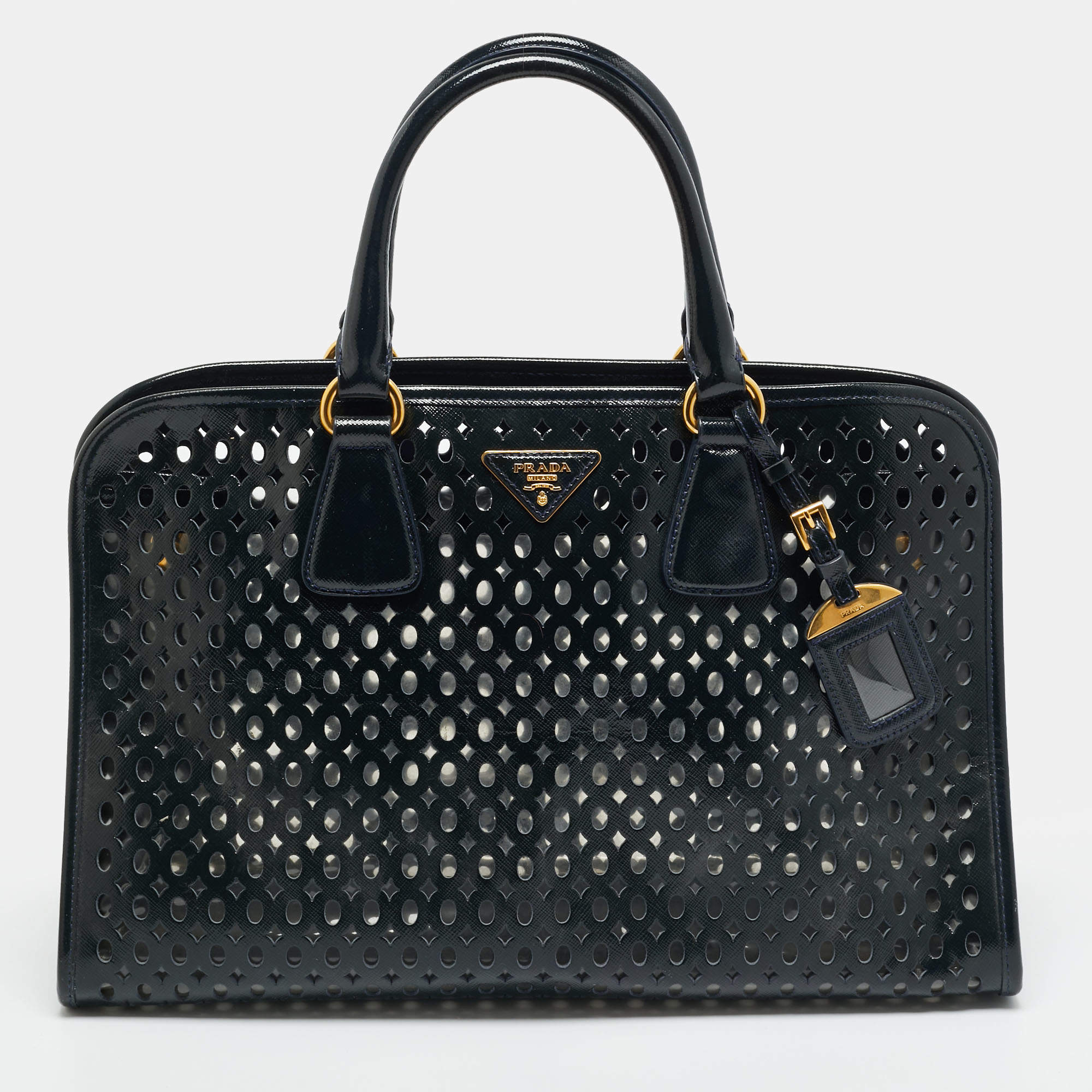 مملوكة مسبقًا Prada Navy Blue Perforated Saffiano Vernic Leather Satchel