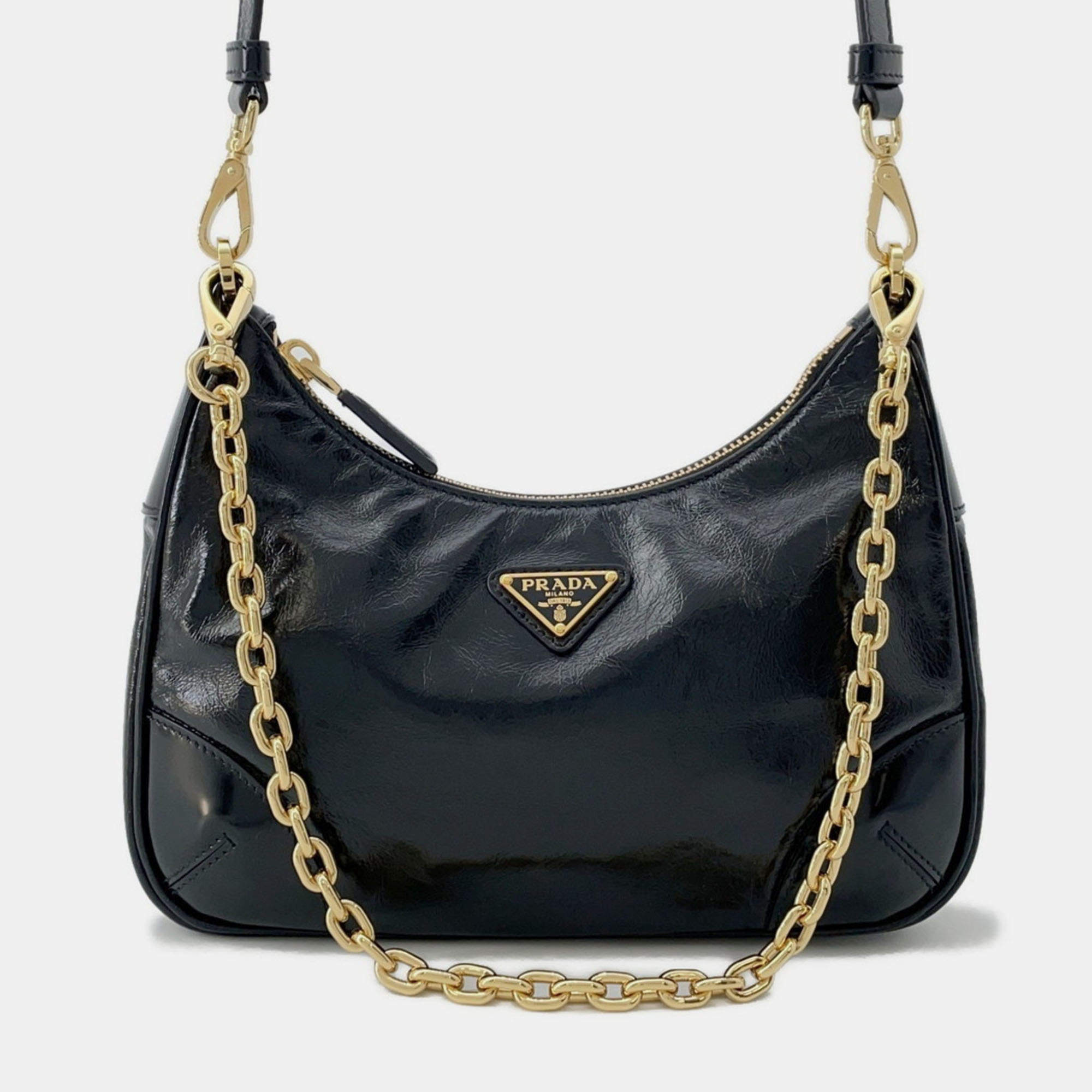 Pre Owned Prada Re-Edition 2005 Leather Patent Shoulder Bag Black