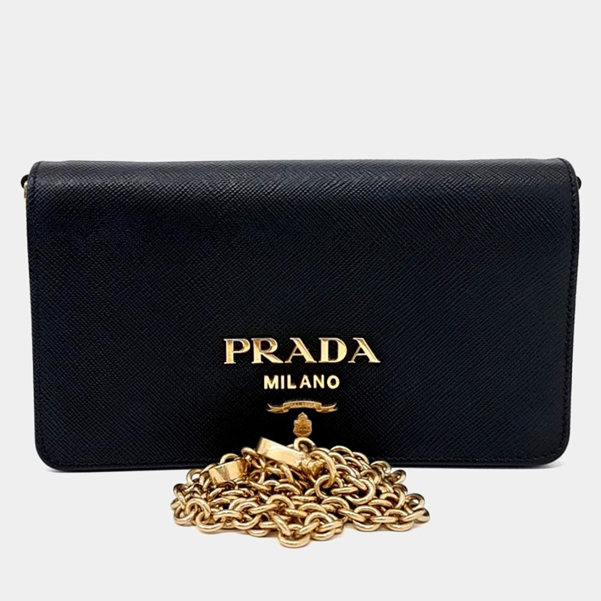 Pre Owned Prada Black Leather Saffiano Chain Crossbody Bag