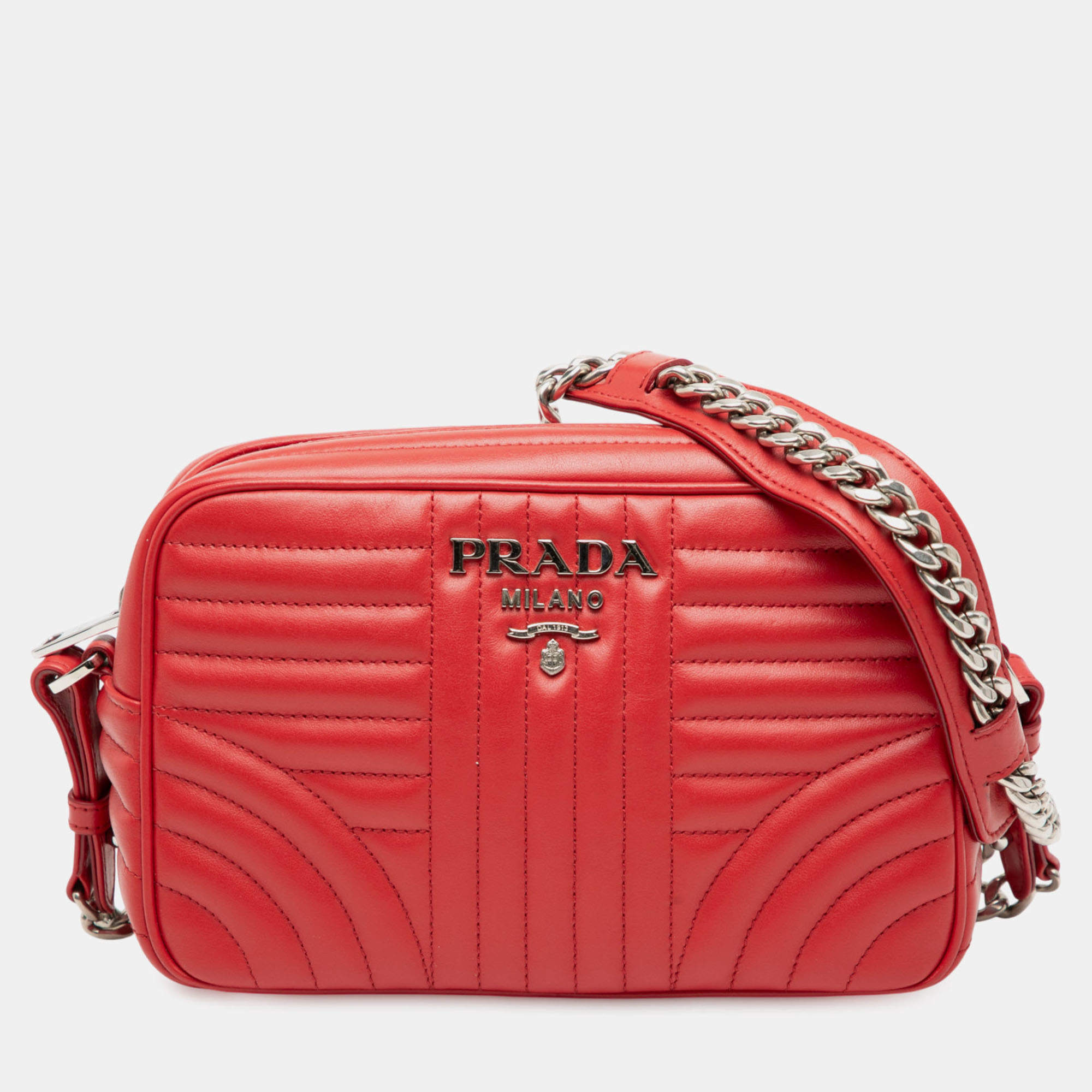Pre Owned Prada Red Soft Calfskin Diagramme Camera Bag