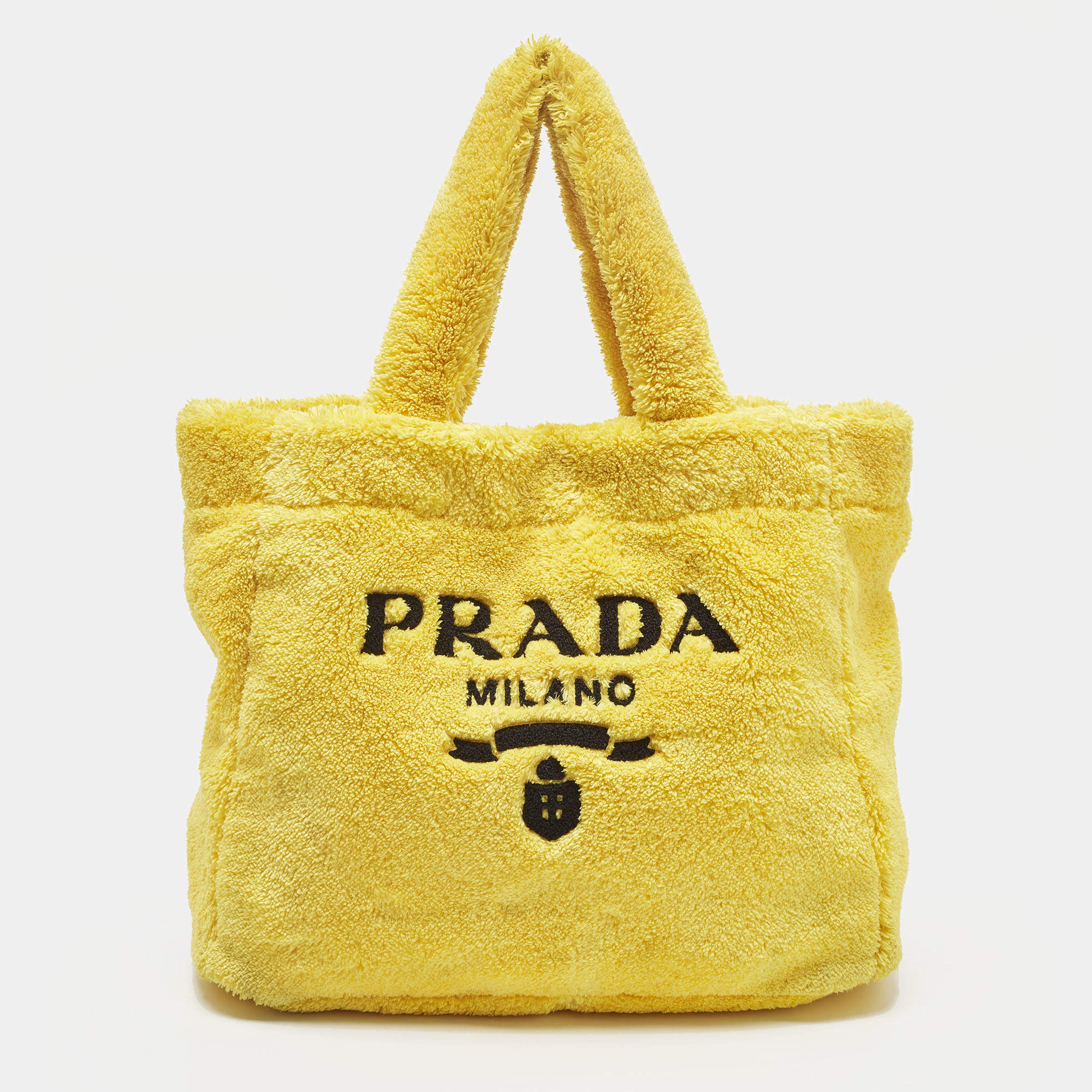 Pre Owned Prada Logo Yellow/Black Terry Cloth Tote