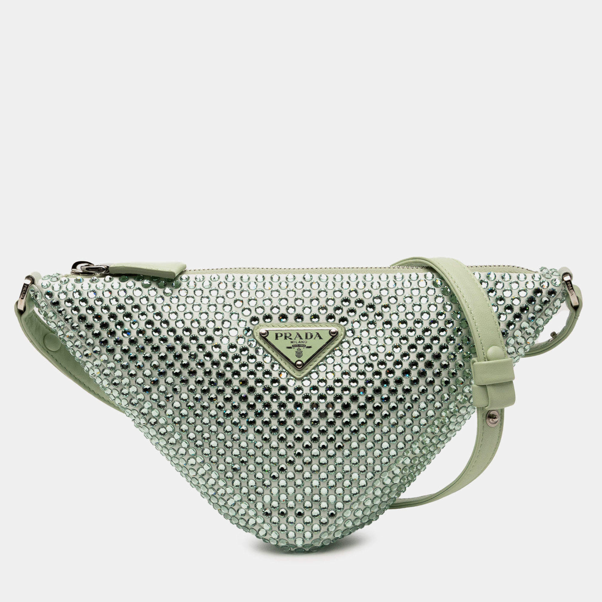 Pre Owned Prada Green Satin Crystal Embellished Triangle Pouch