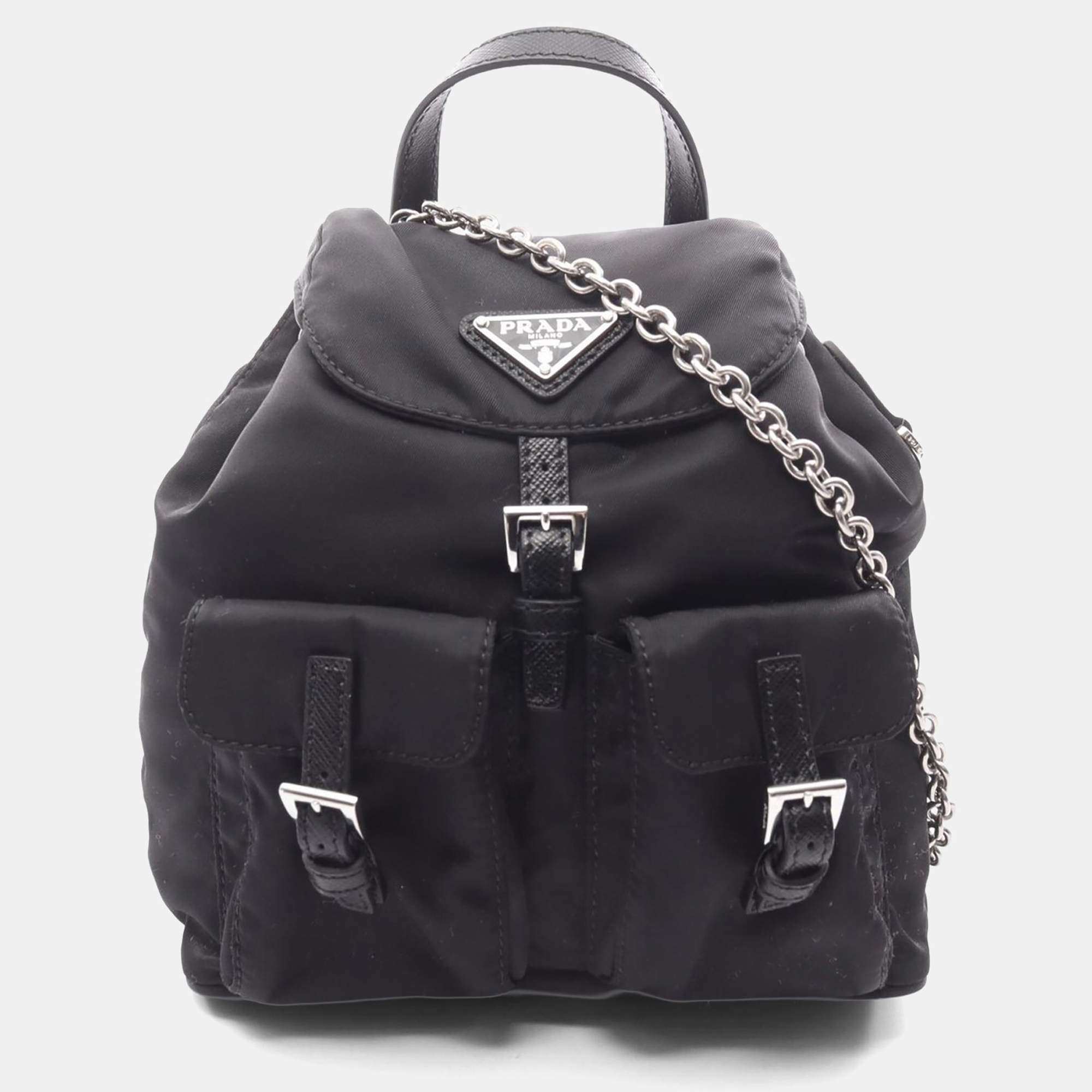 مملوكة مسبقًا Prada Chain Black Nylon Saffiano Leather Crossbody Bag