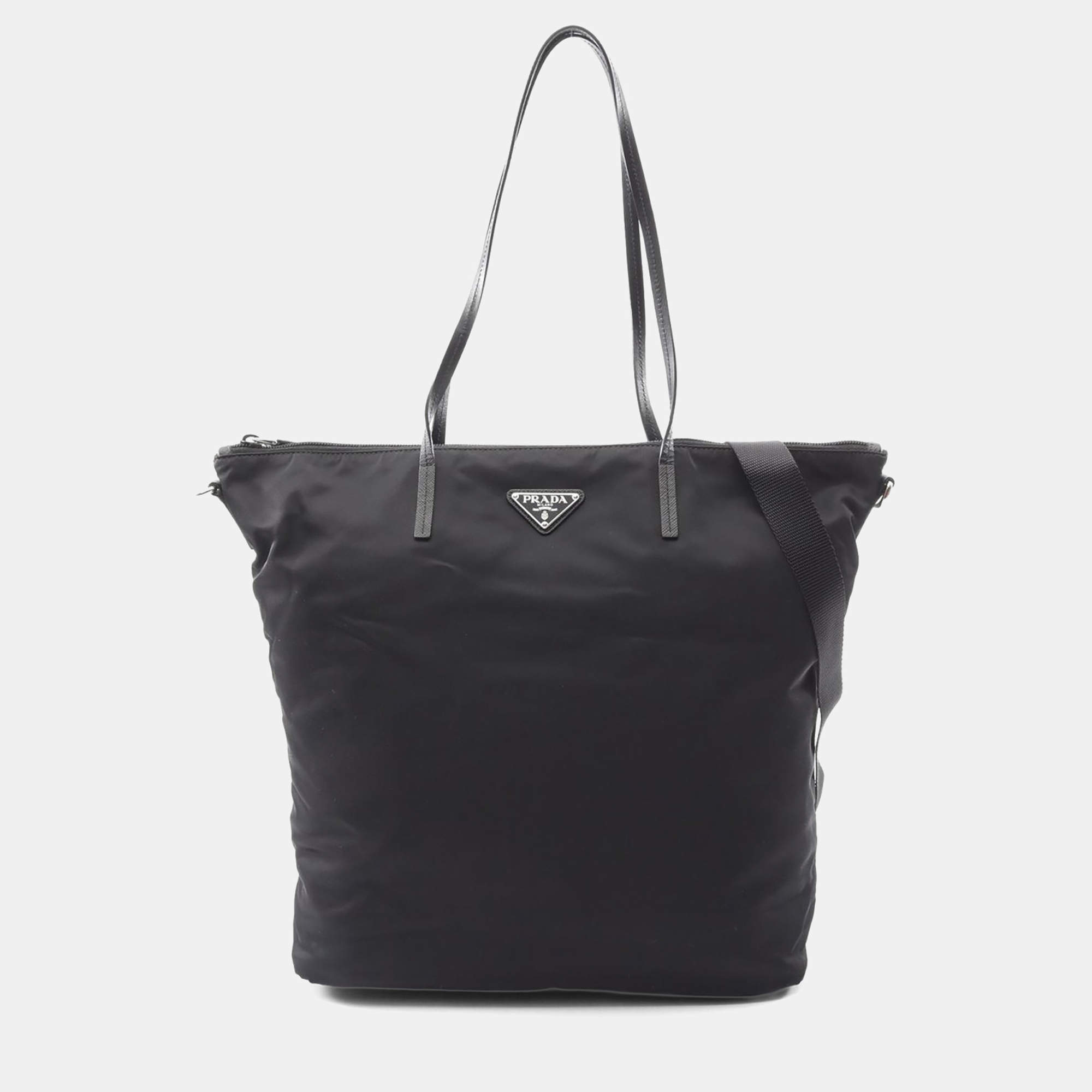 مملوكة مسبقًا Prada Tessuto Black Nylon Saffiano Leather Tote Bag