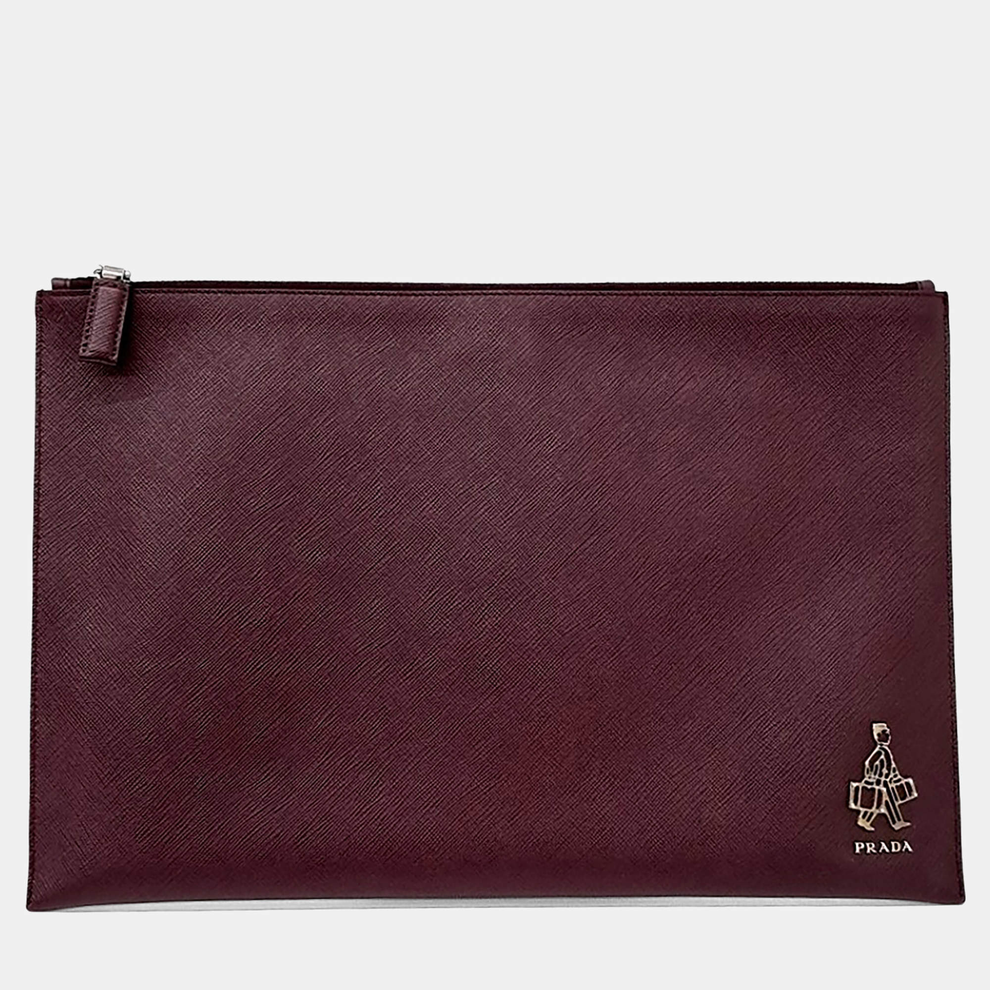 Pre Owned Prada Burgundy Leather Saffiano Clutch